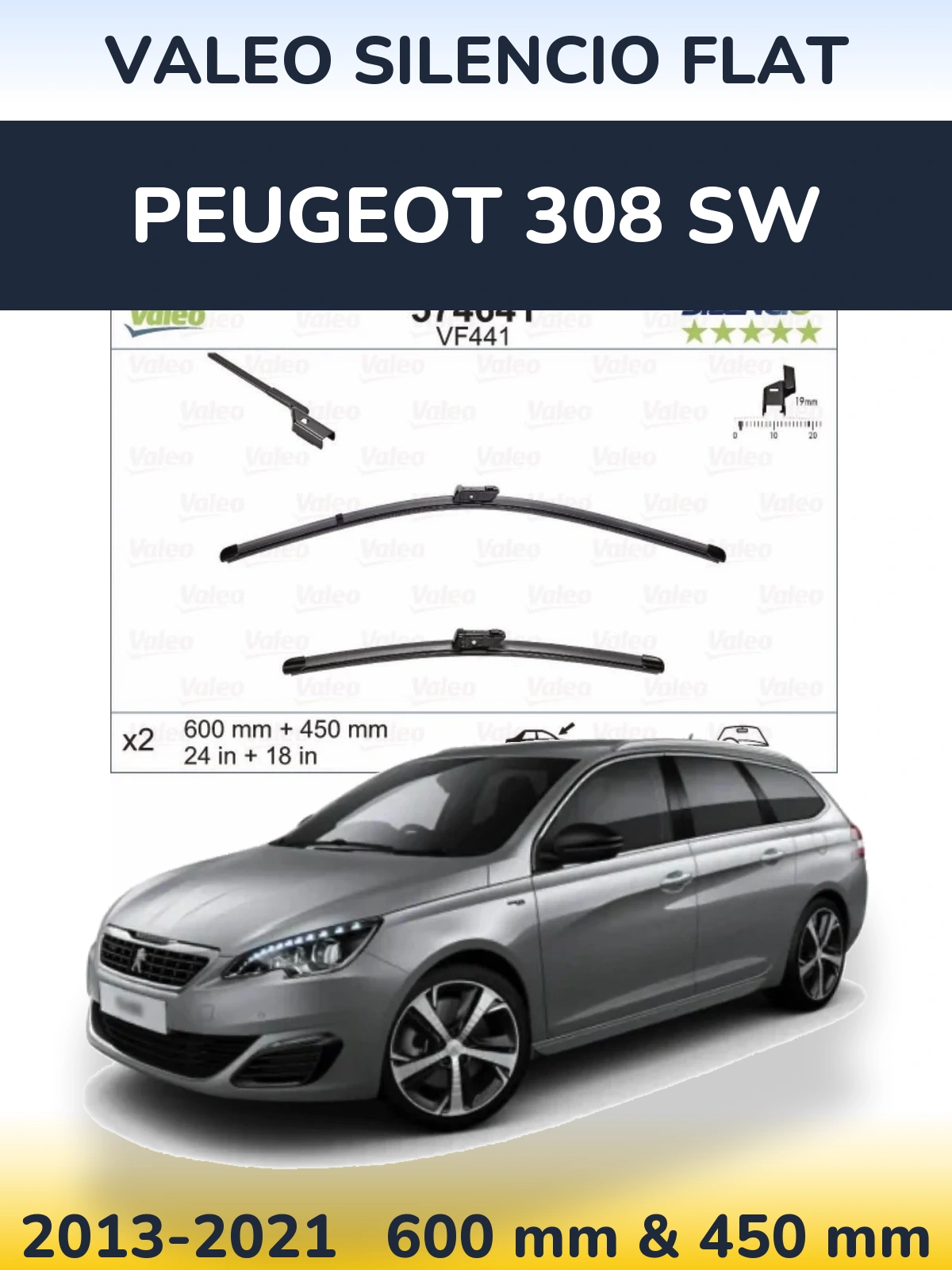 Front wiper blade set Valeo Silencio Flat 600 & 450 mm for Peugeot 308 SW 2013-2021