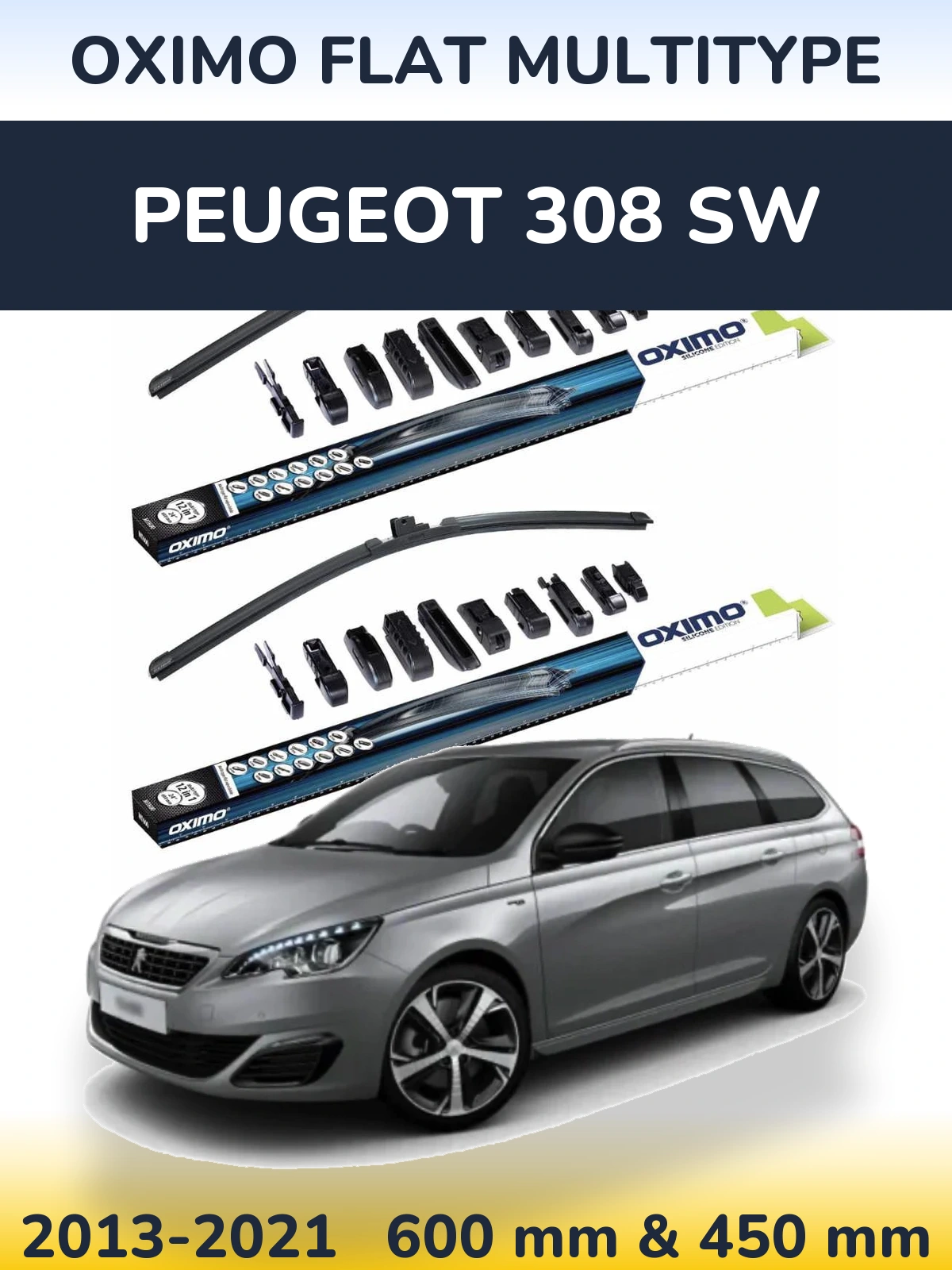 Комплект передних дворников Oximo Flat MultiТипe 600 & 450 мм для Peugeot 308 SW 2013-2021