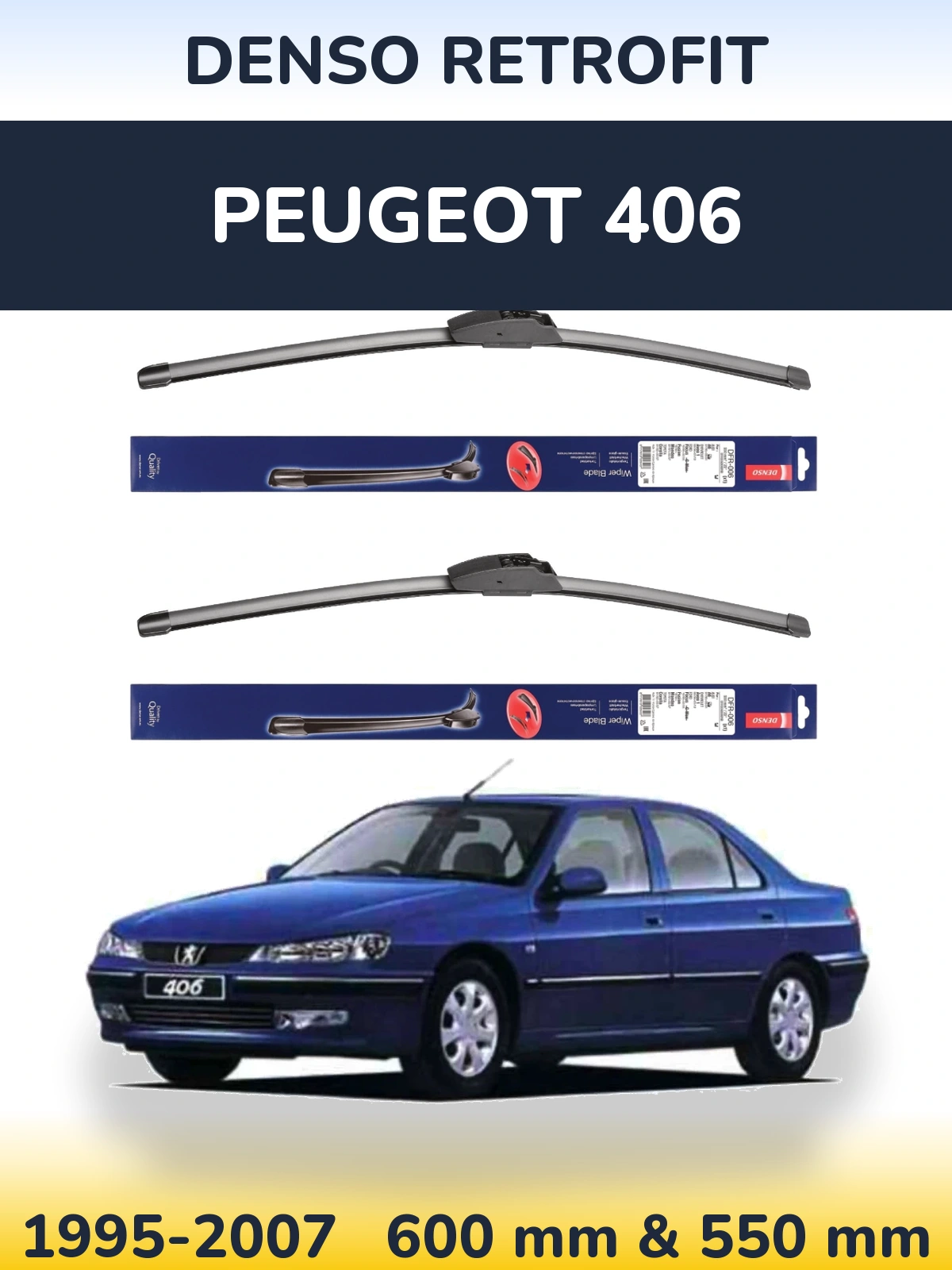 Komplet przednich wycieraczek Denso Retrofit 600 & 550 mm do Peugeot 406 1995-2007