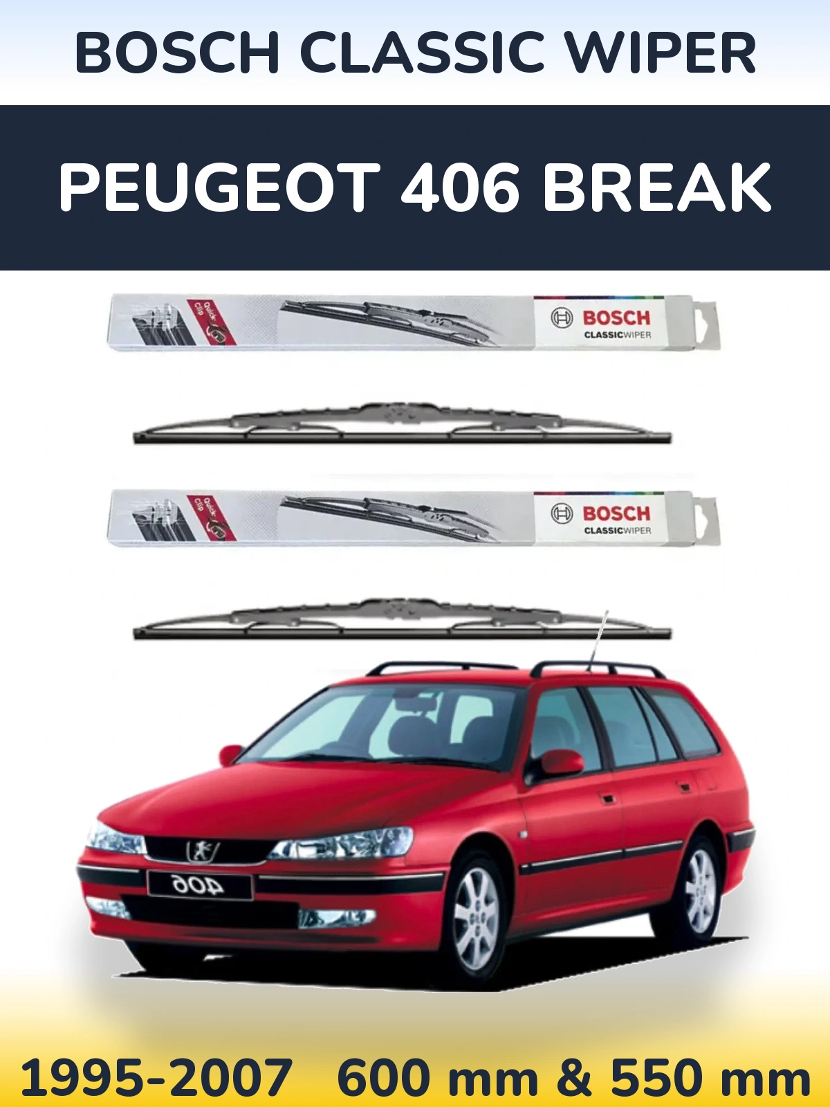 Комплект передніх щіток BOSCH Classic Wiper 600 & 550 мм для Peugeot 406 Break 1995-2007