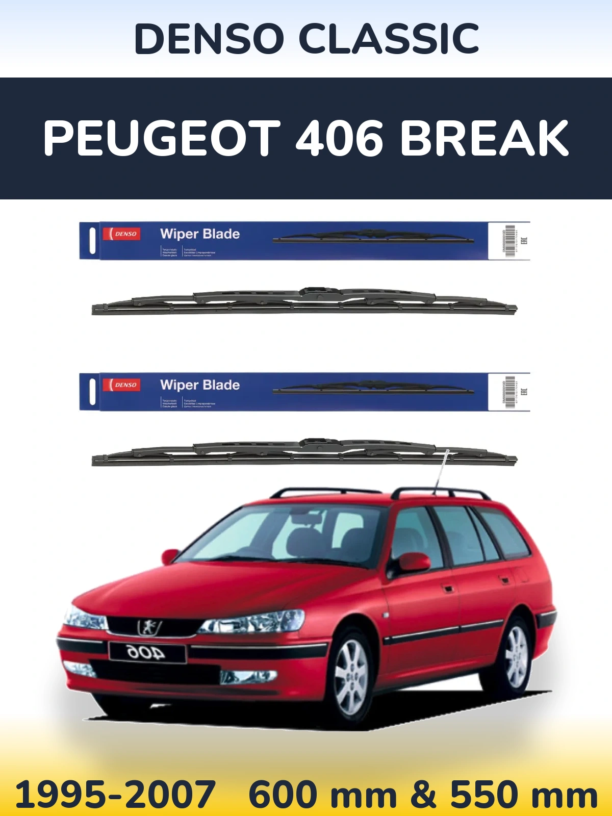 Front wiper blade set Denso Classic 600 & 550 mm for Peugeot 406 Break 1995-2007
