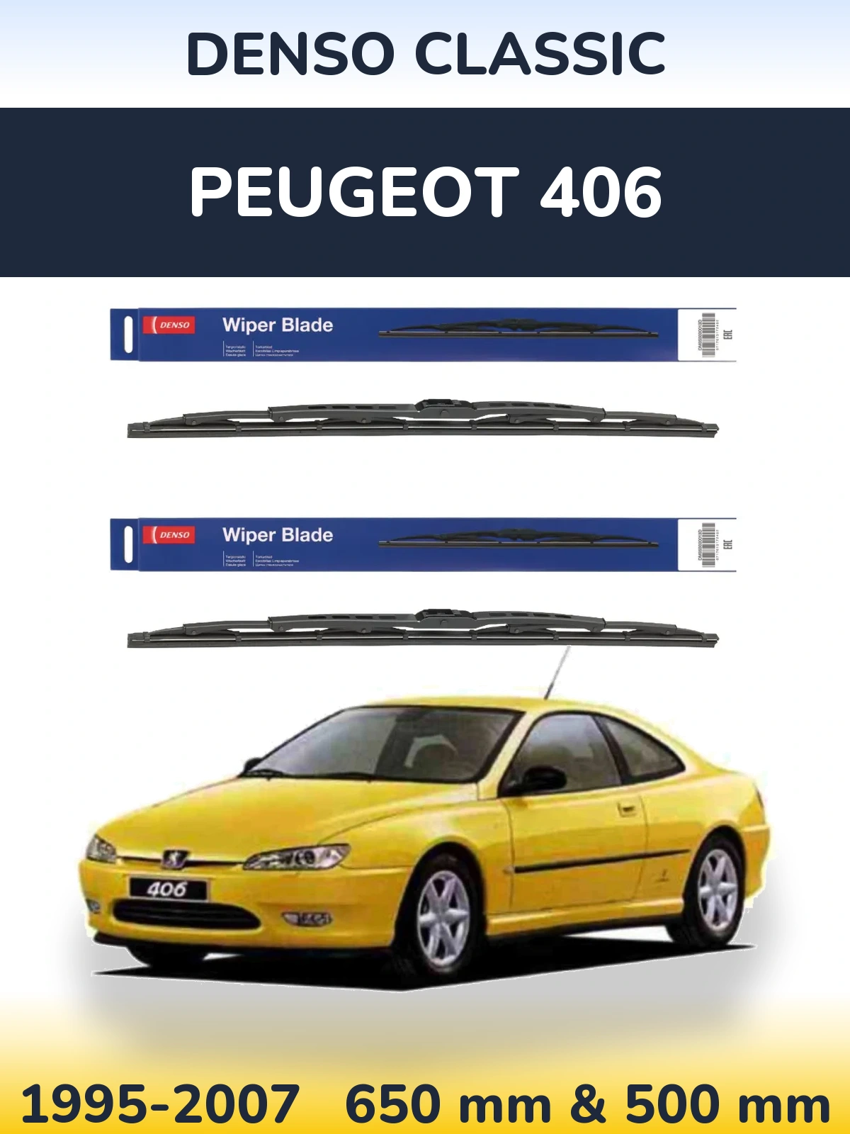 Front wiper blade set Denso Classic 650 & 500 mm for Peugeot 406 1995-2007