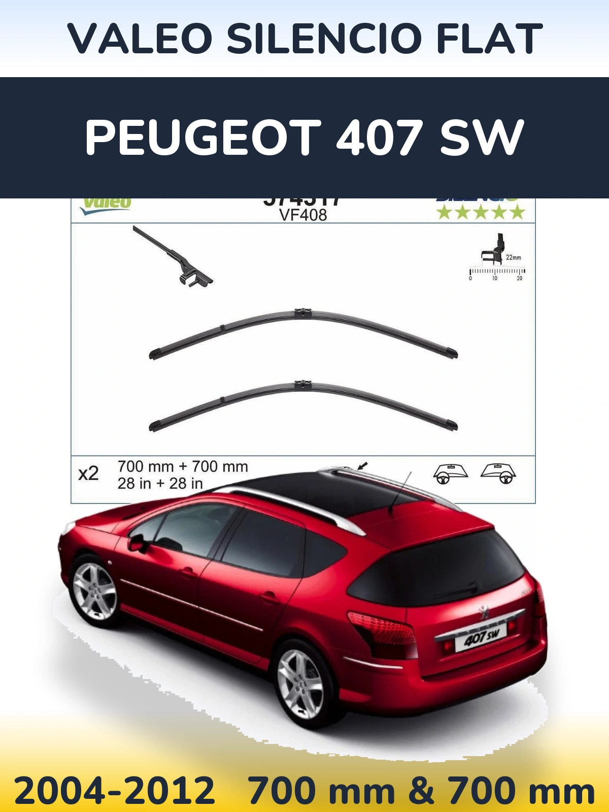 Komplet przednich wycieraczek Valeo Silencio Flat 700 & 700 mm do Peugeot 407 SW 2004-2012