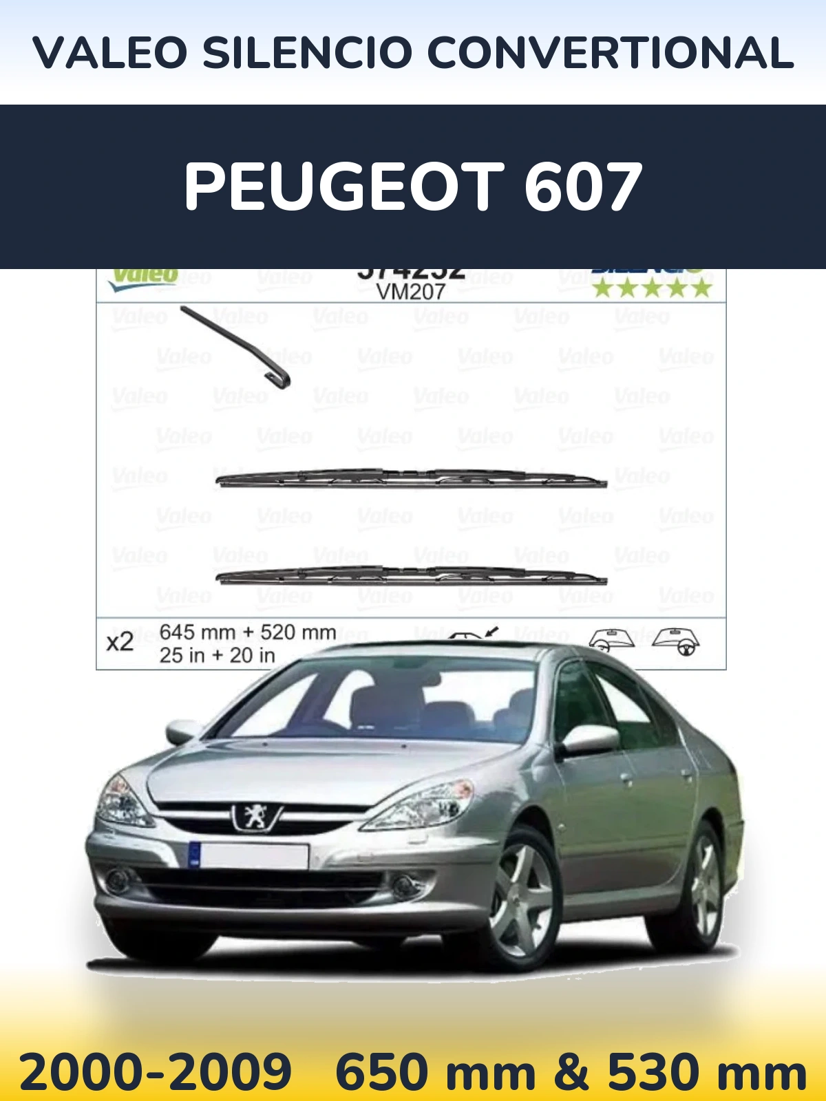 Front wiper blade set Valeo Silencio Convertional 645 & 520 mm for Peugeot 607 2000-2009