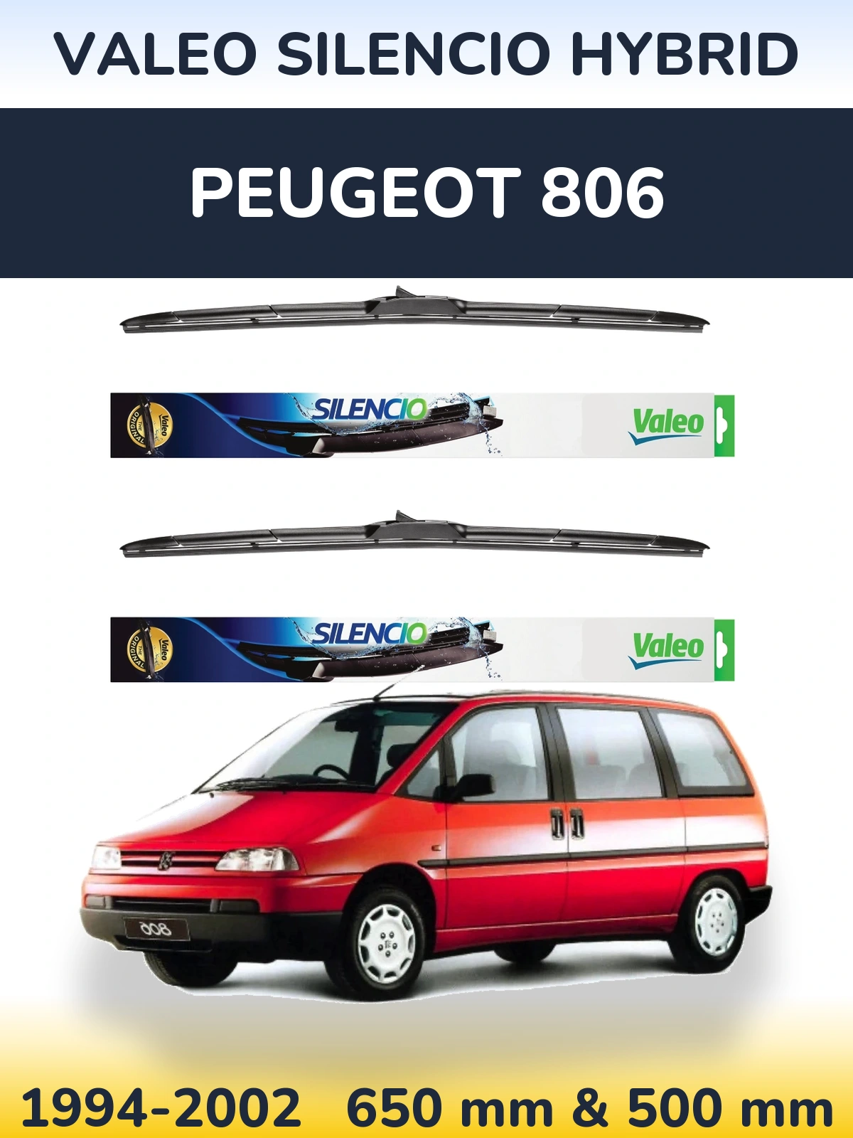 Komplet przednich wycieraczek Valeo Silencio Hybrid 650 & 500 mm do Peugeot 806 1994-2002