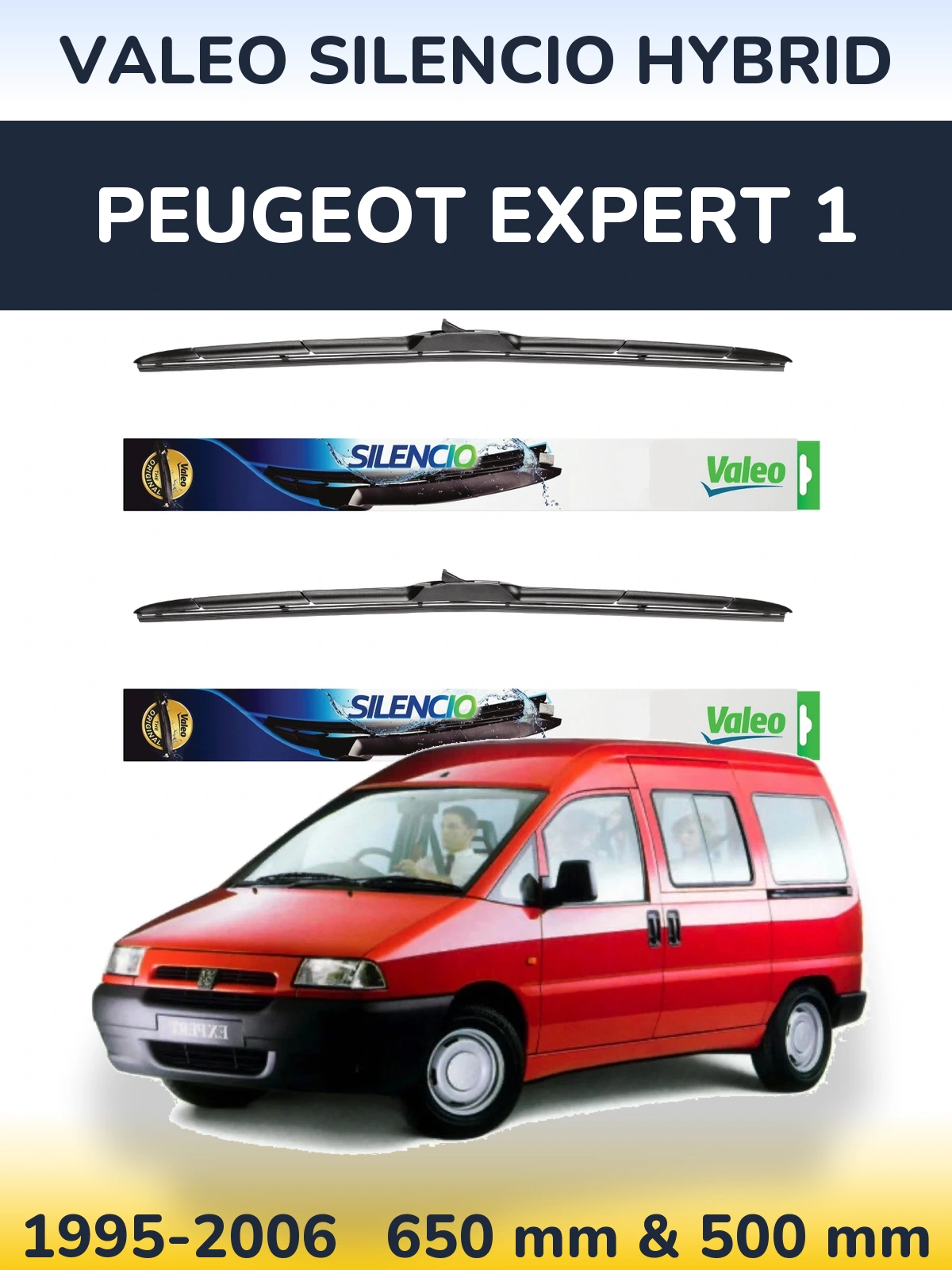 Front wiper blade set Valeo Silencio Hybrid 650 & 500 mm for Peugeot Expert 1 1995-2006