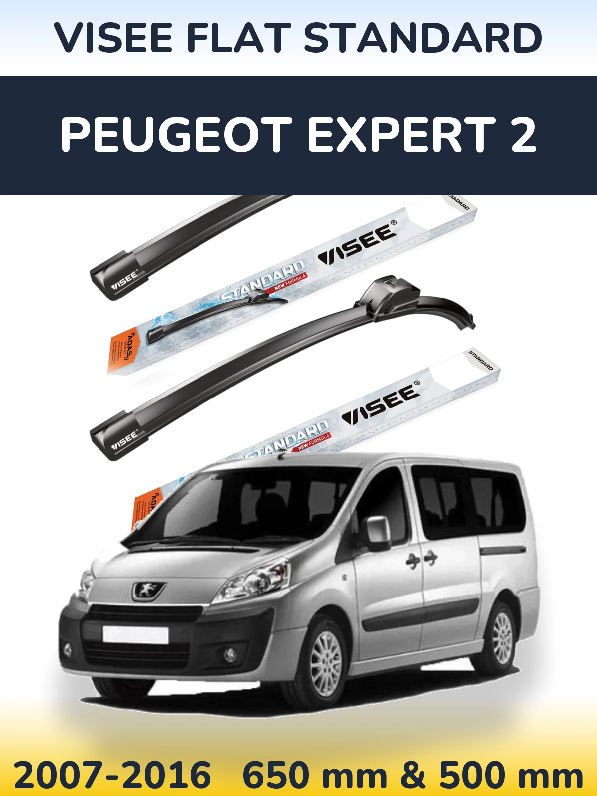 Front wiper blade set VISEE FLAT STANDARD 650 & 500 mm for Peugeot Expert 2 2007-2016