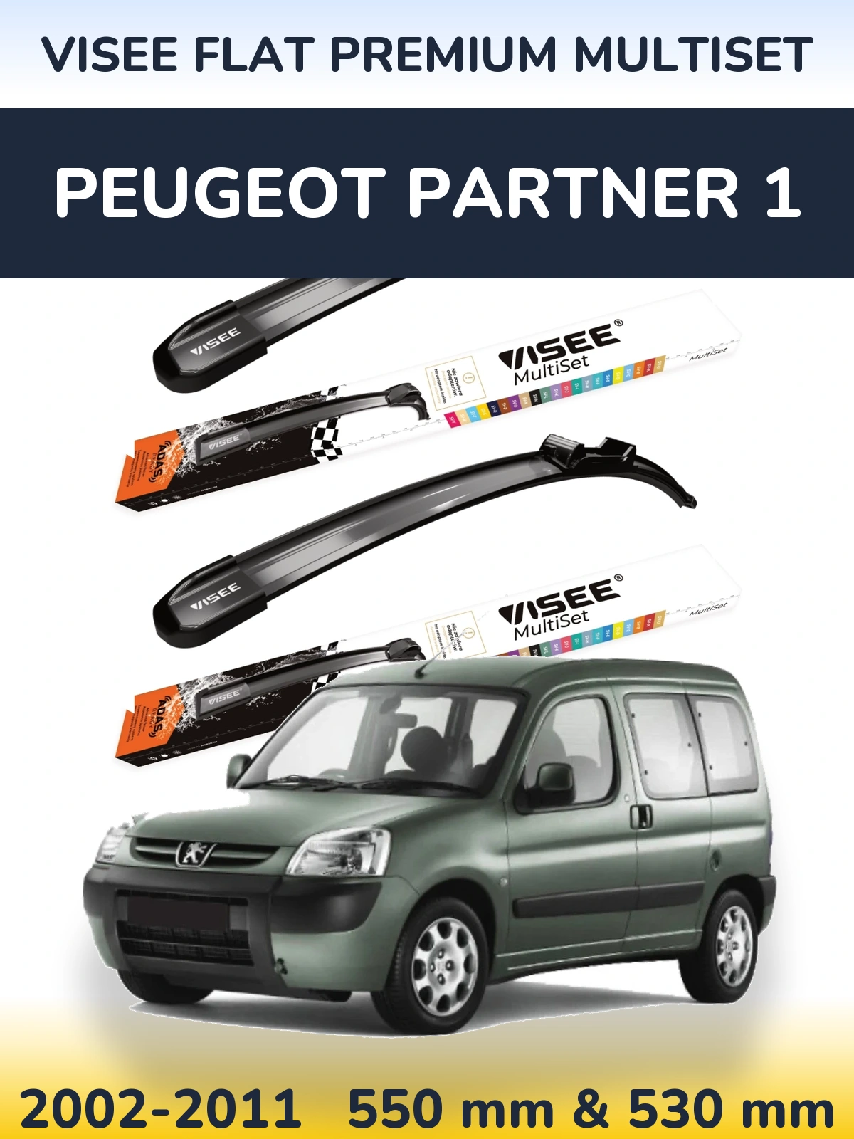 Front wiper blade set VISEE FLAT PREMIUM MultiSet 550 & 530 mm for Peugeot Partner 1 2002-2011