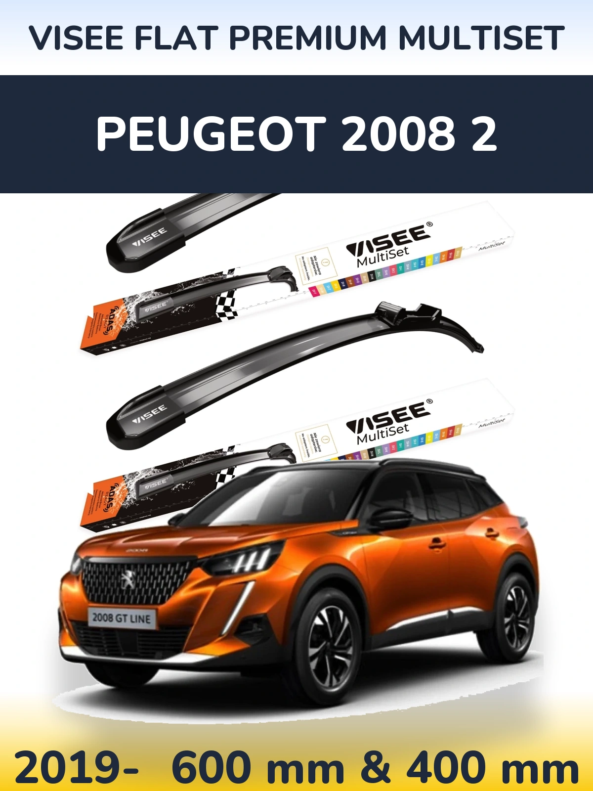 Komplet przednich wycieraczek VISEE FLAT PREMIUM MultiSet 600 & 400 mm do Peugeot 2008 2 2019-2026