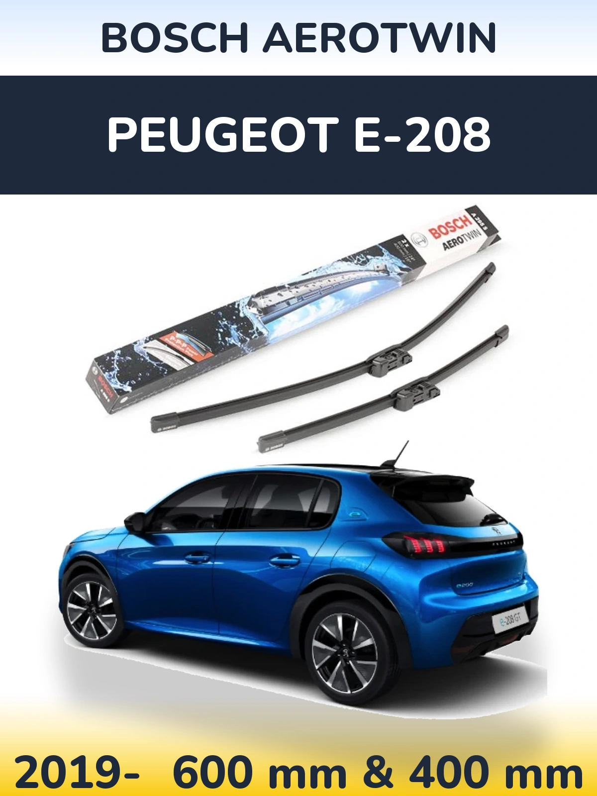 Комплект передних дворников BOSCH AeroTwin 600 & 400 мм для Peugeot e-208 2019-2026