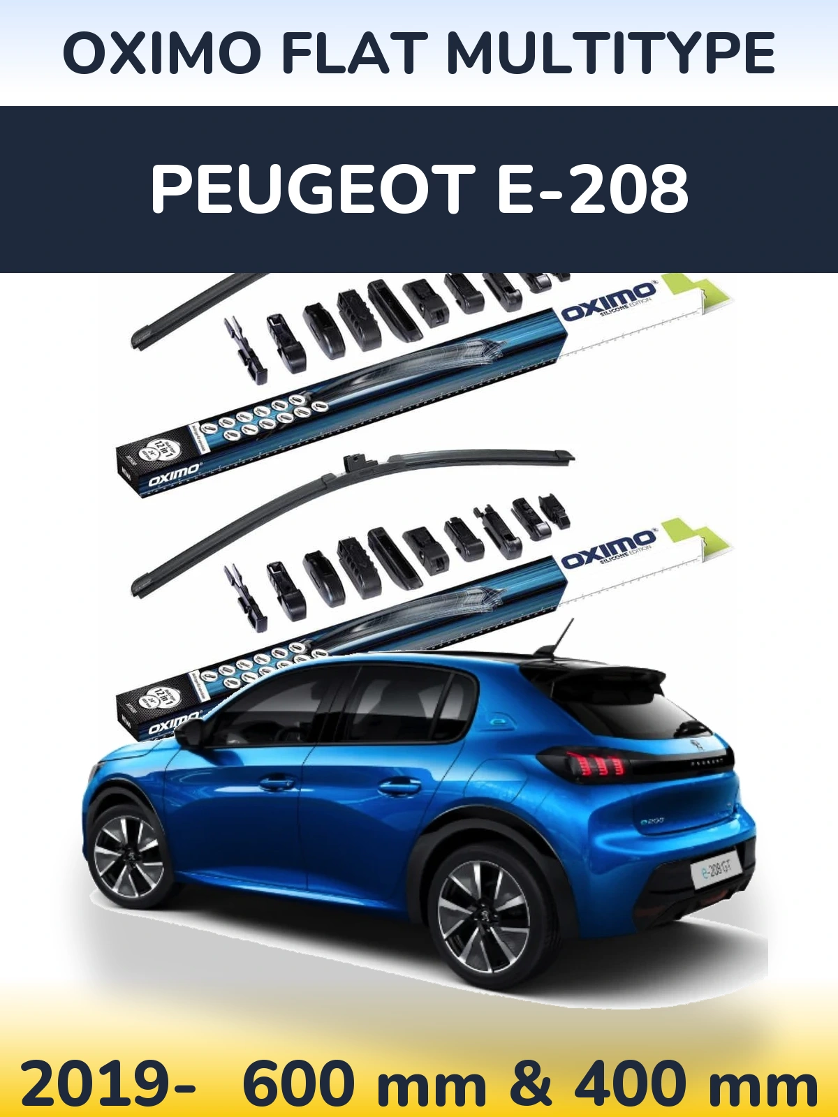 Комплект передних дворников Oximo Flat MultiТипe 600 & 400 мм для Peugeot e-208 2019-2026