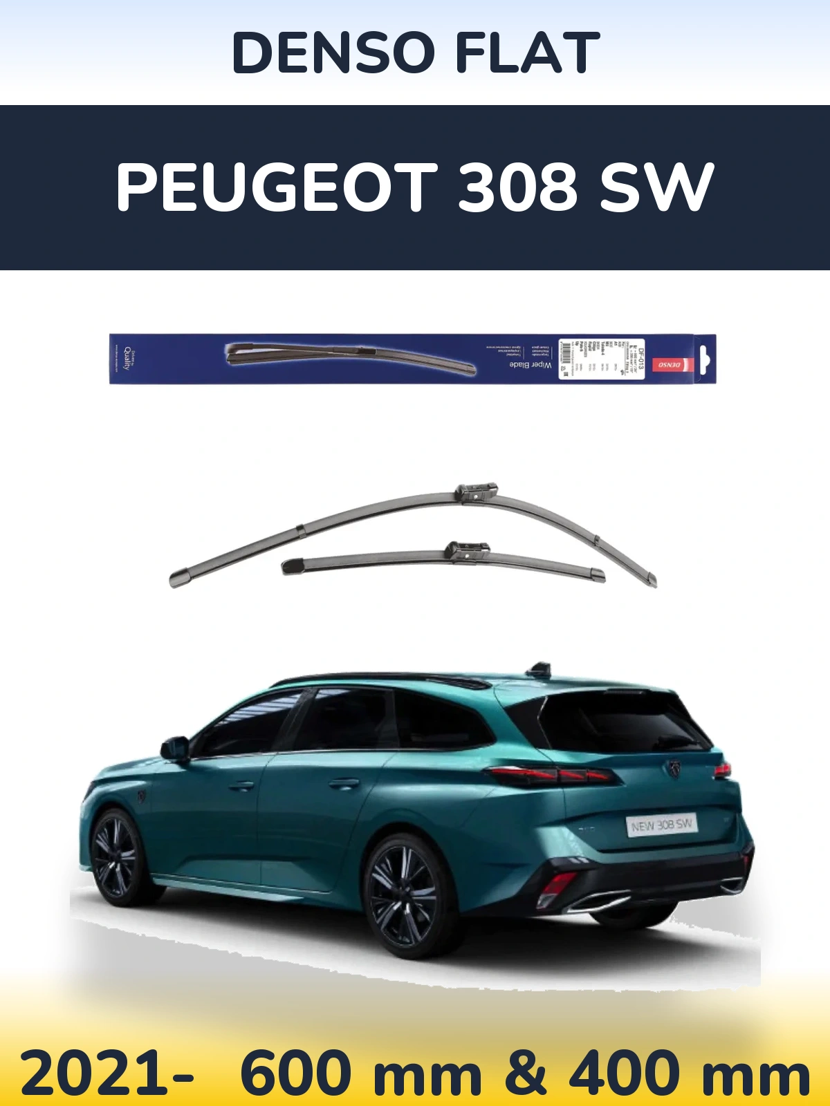 Front wiper blade set Denso Flat 600 & 380 mm for Peugeot 308 SW 2021-2026