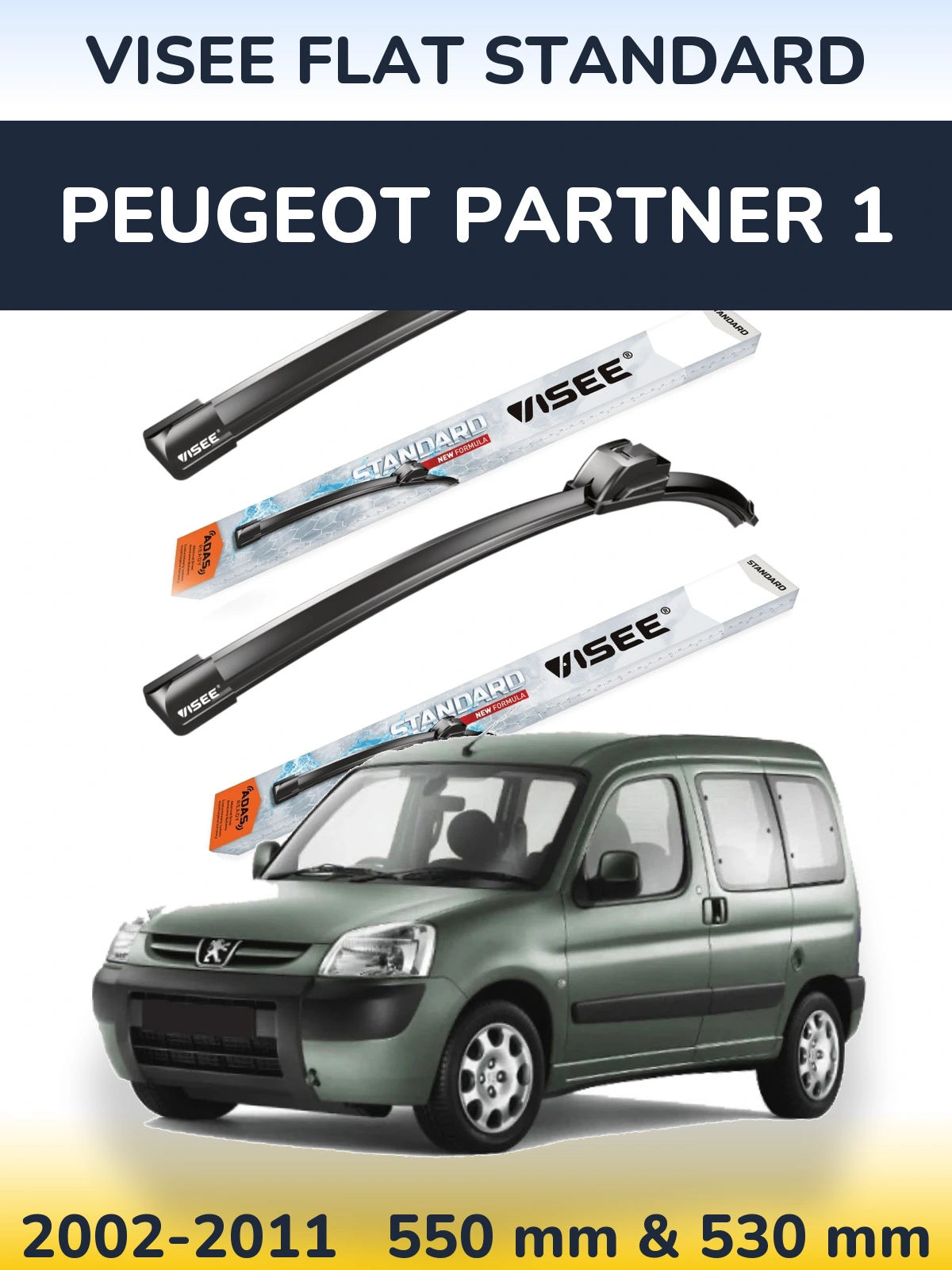 Front wiper blade set VISEE FLAT STANDARD 550 & 530 mm for Peugeot Partner 1 2002-2011