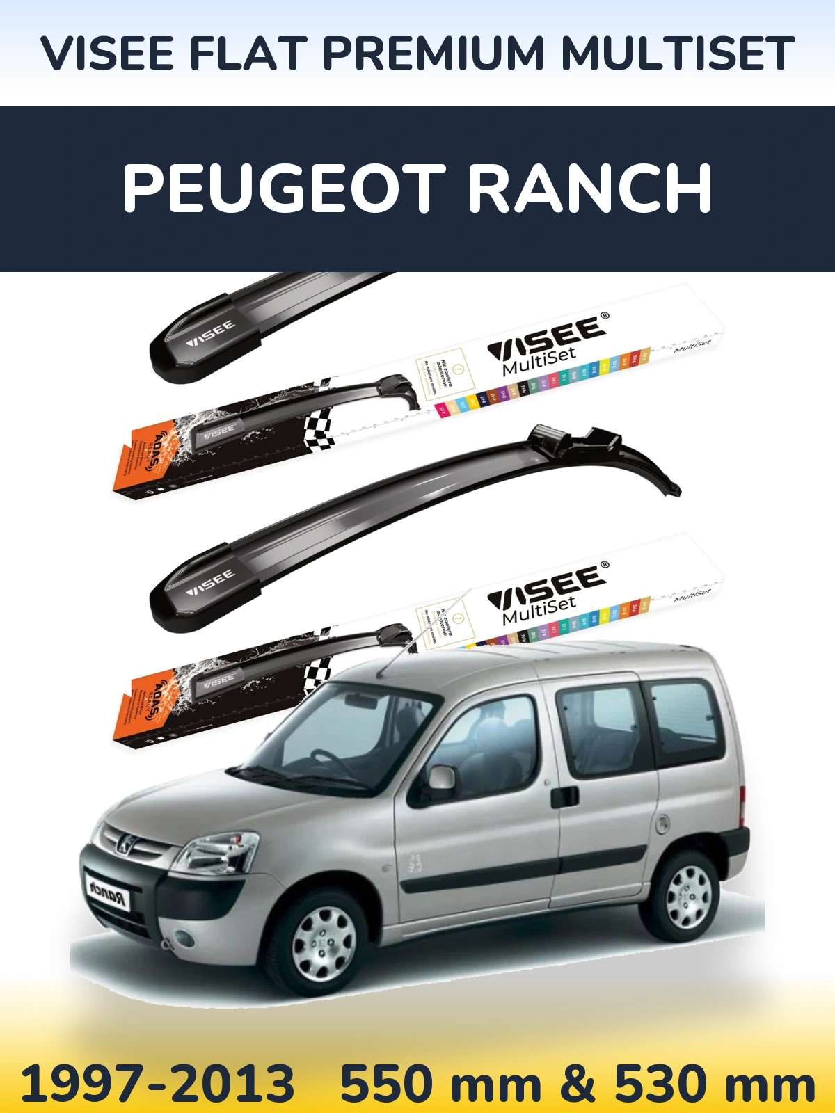 Komplet przednich wycieraczek VISEE FLAT PREMIUM MultiSet 550 & 530 mm do Peugeot Ranch 1997-2013