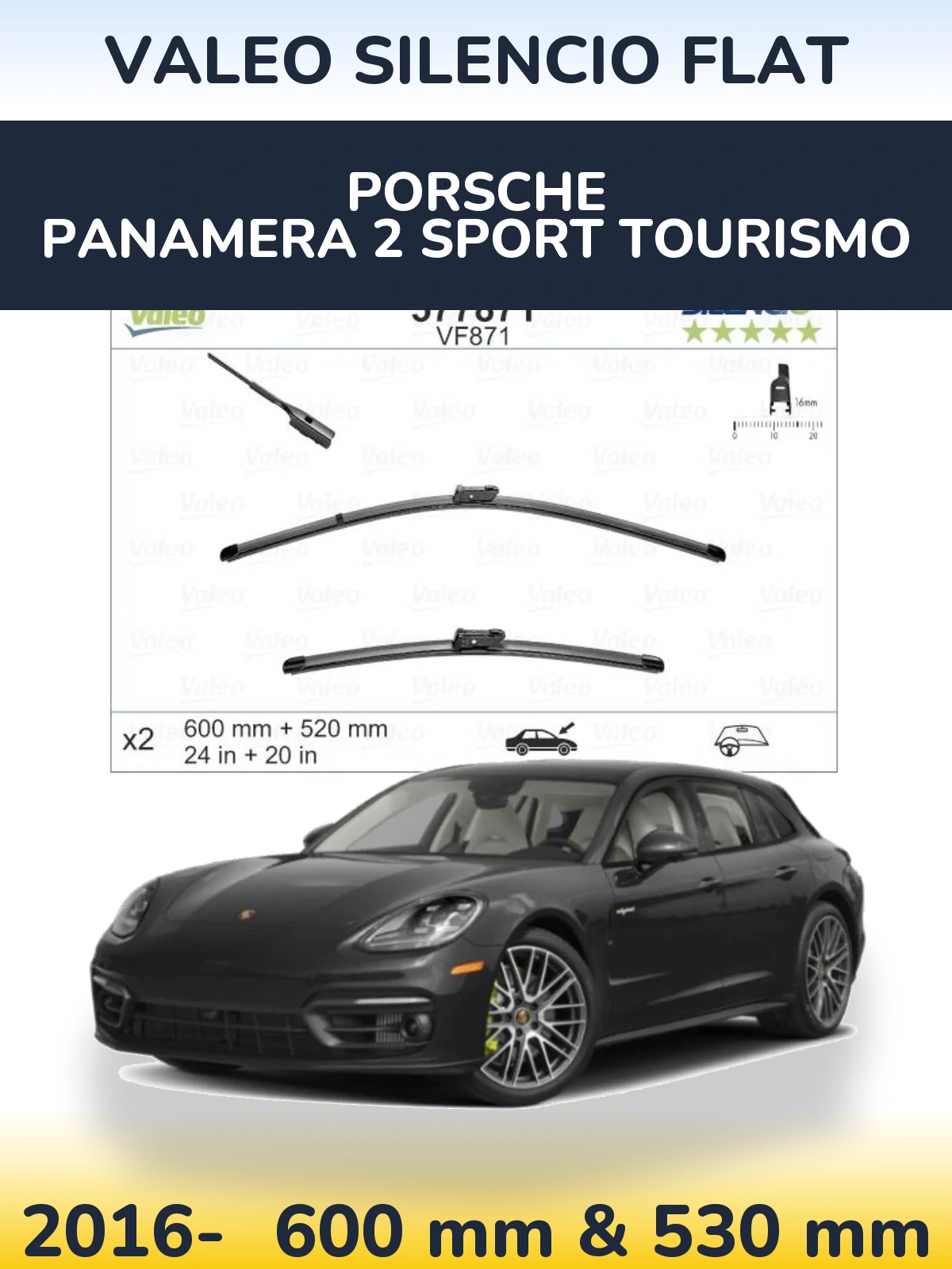 Komplet przednich wycieraczek Valeo Silencio Flat 600 & 520 mm do Porsche Panamera 2 Sport Tourismo 2016-2026