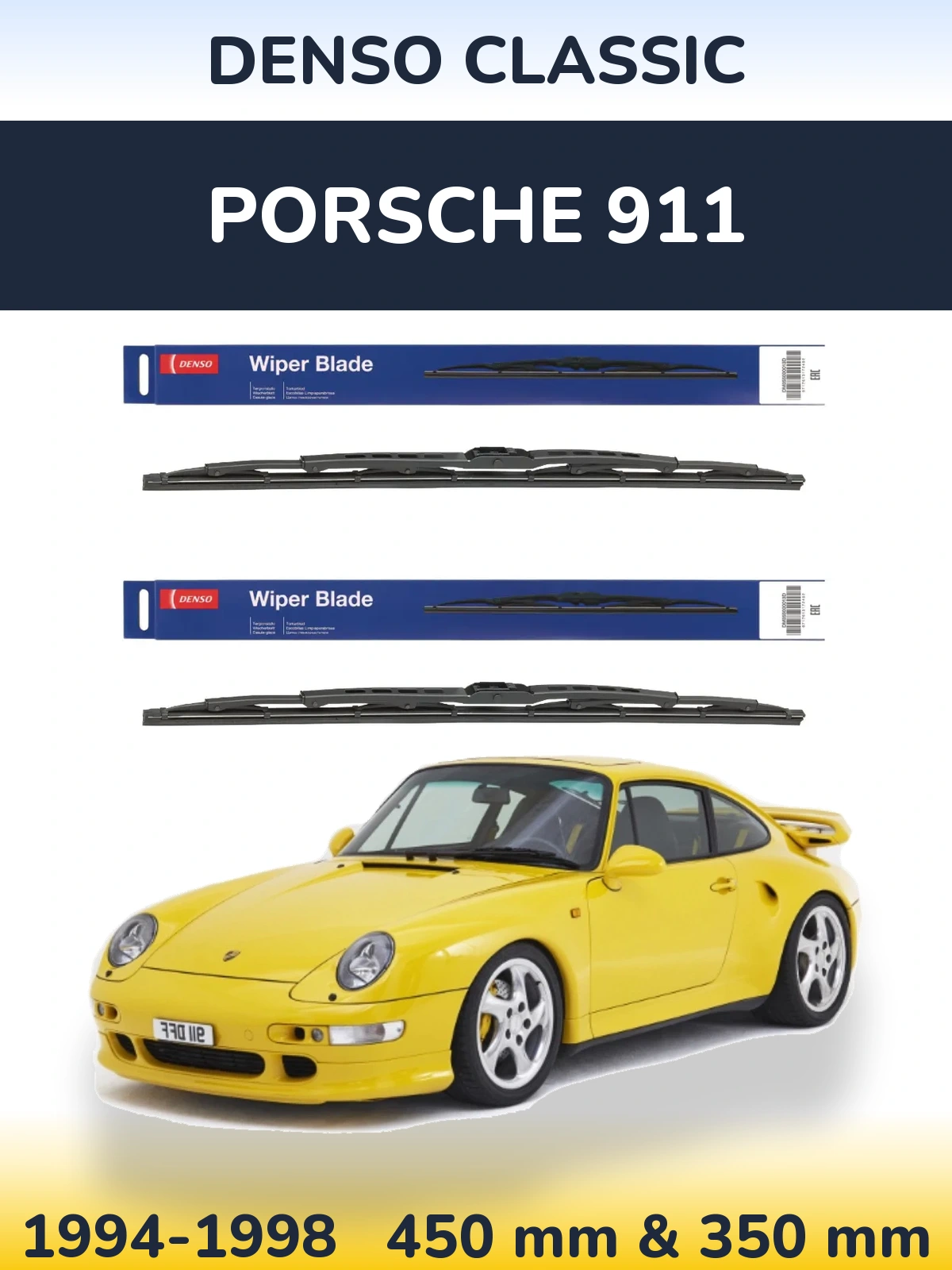 Front wiper blade set Denso Classic 450 & 350 mm for Porsche 911 1994-1998