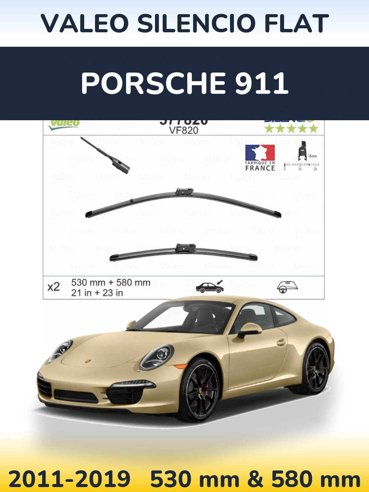 Komplet przednich wycieraczek Valeo Silencio Flat 530 & 580 mm do Porsche 911 2011-2019