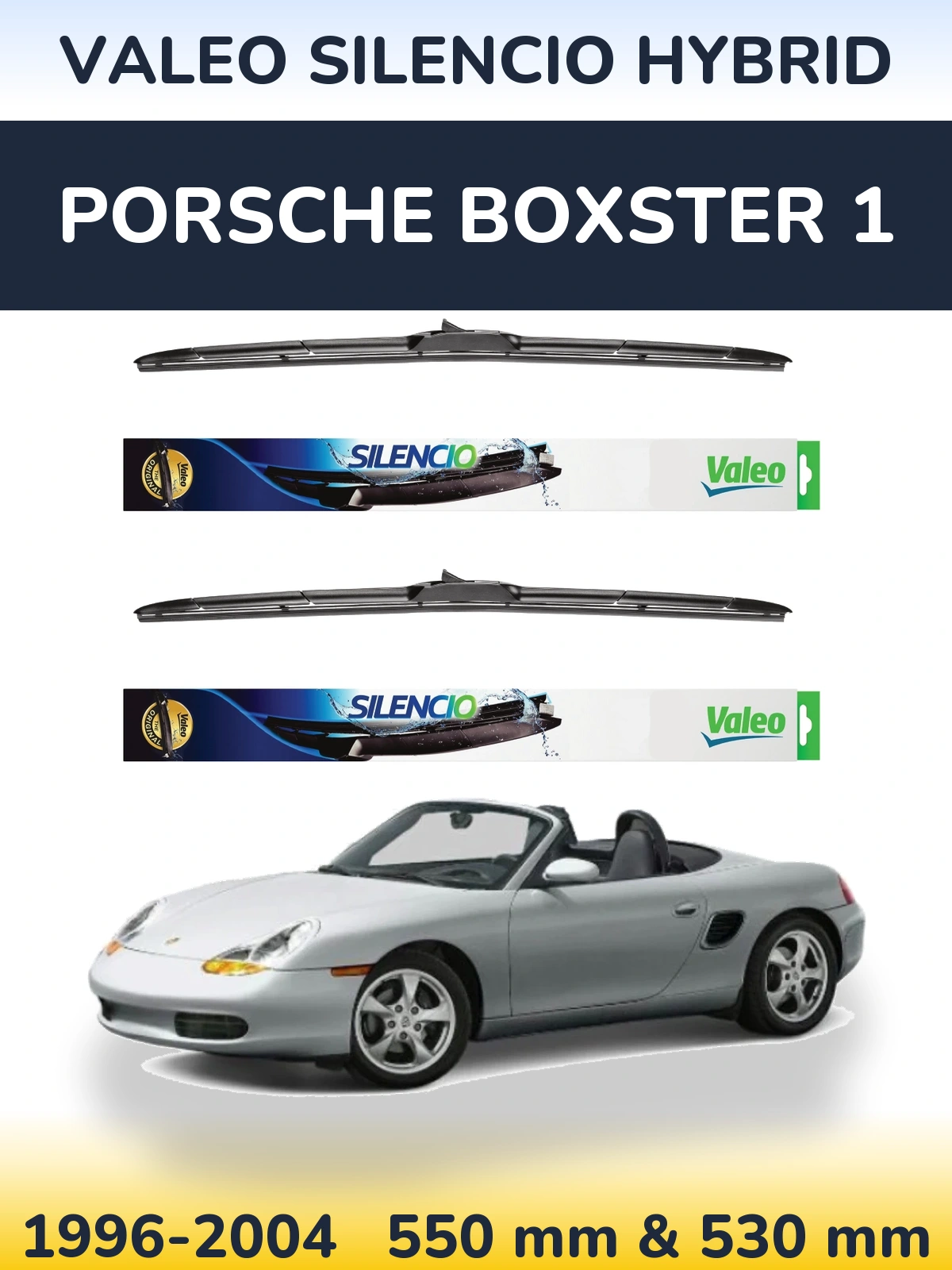 Front wiper blade set Valeo Silencio Hybrid 550 & 530 mm for Porsche Boxster 1 1996-2004