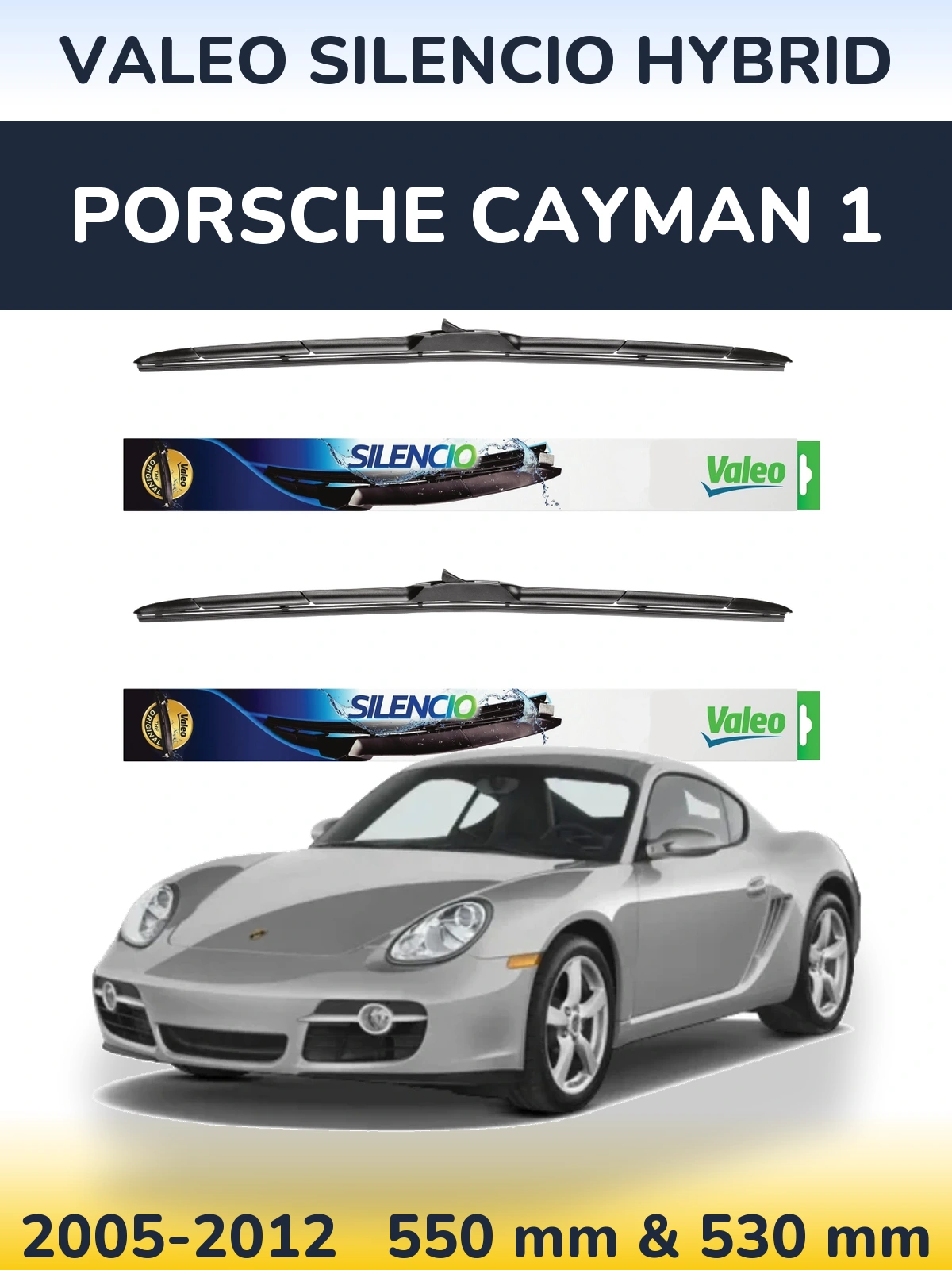 Front wiper blade set Valeo Silencio Hybrid 550 & 530 mm for Porsche Cayman 1 2005-2012