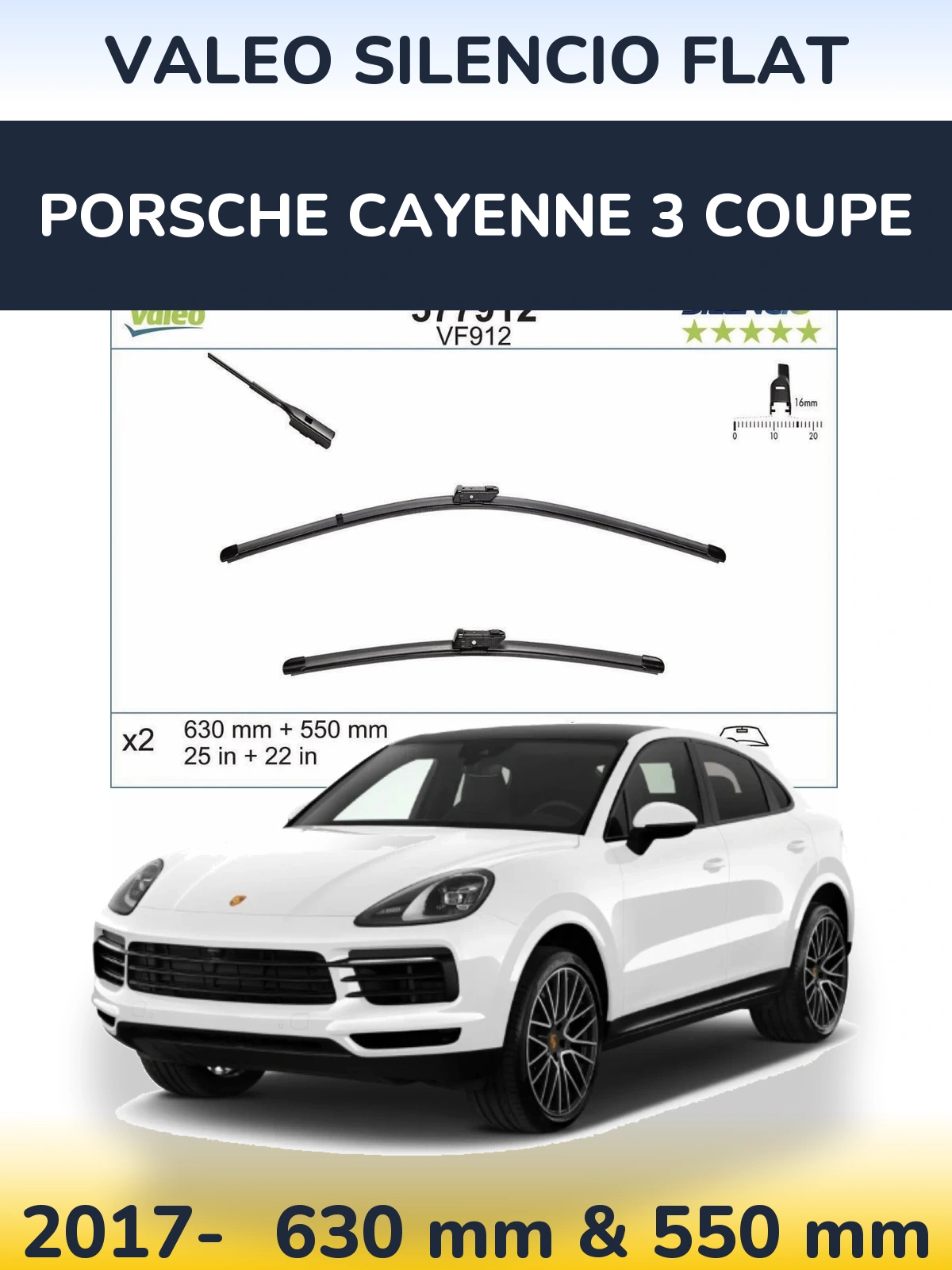 Front wiper blade set Valeo Silencio Flat 630 & 550 mm for Porsche Cayenne 3 Coupe 2017-2026