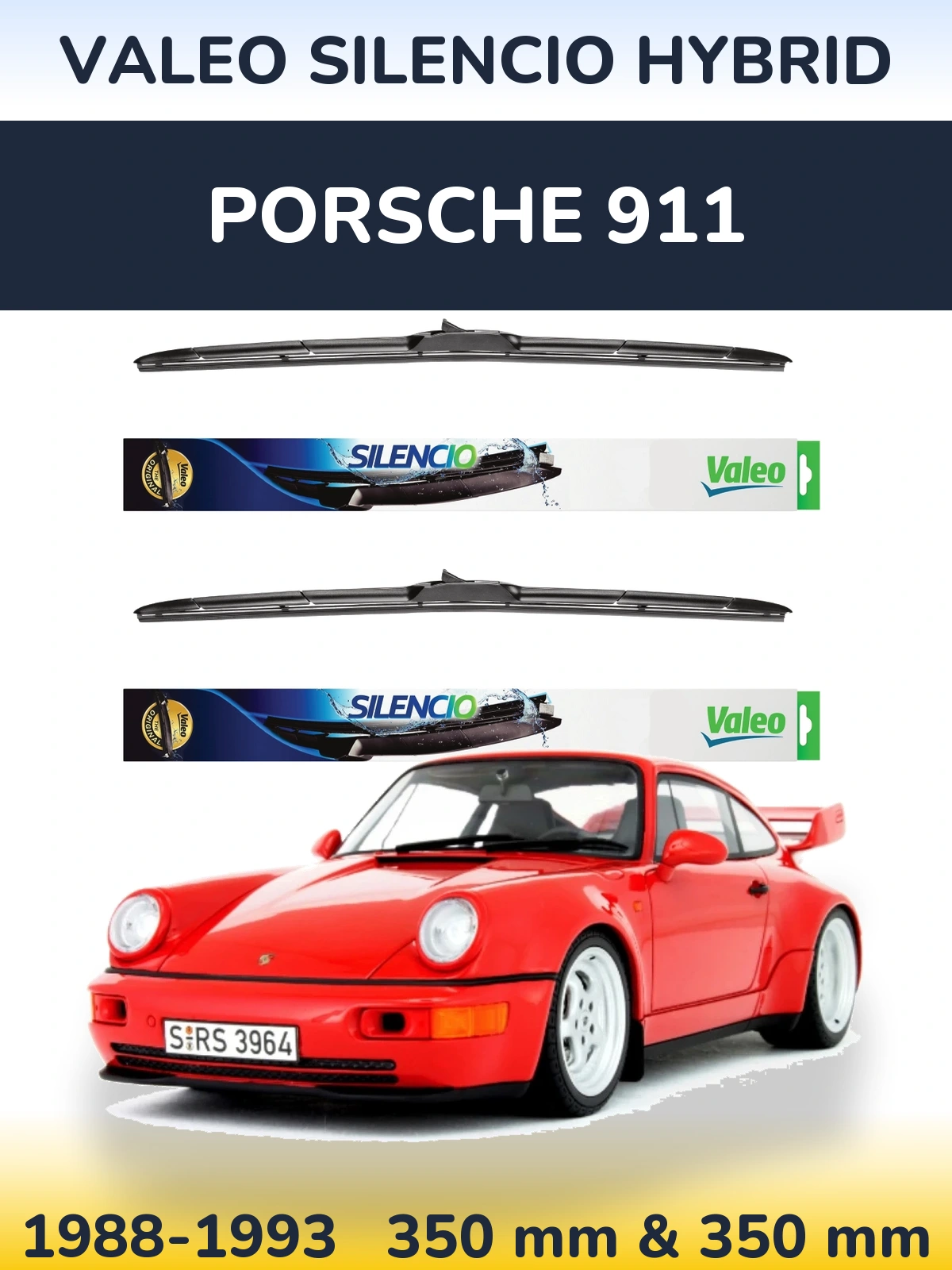 Front wiper blade set Valeo Silencio Hybrid 350 & 350 mm for Porsche 911 1988-1993