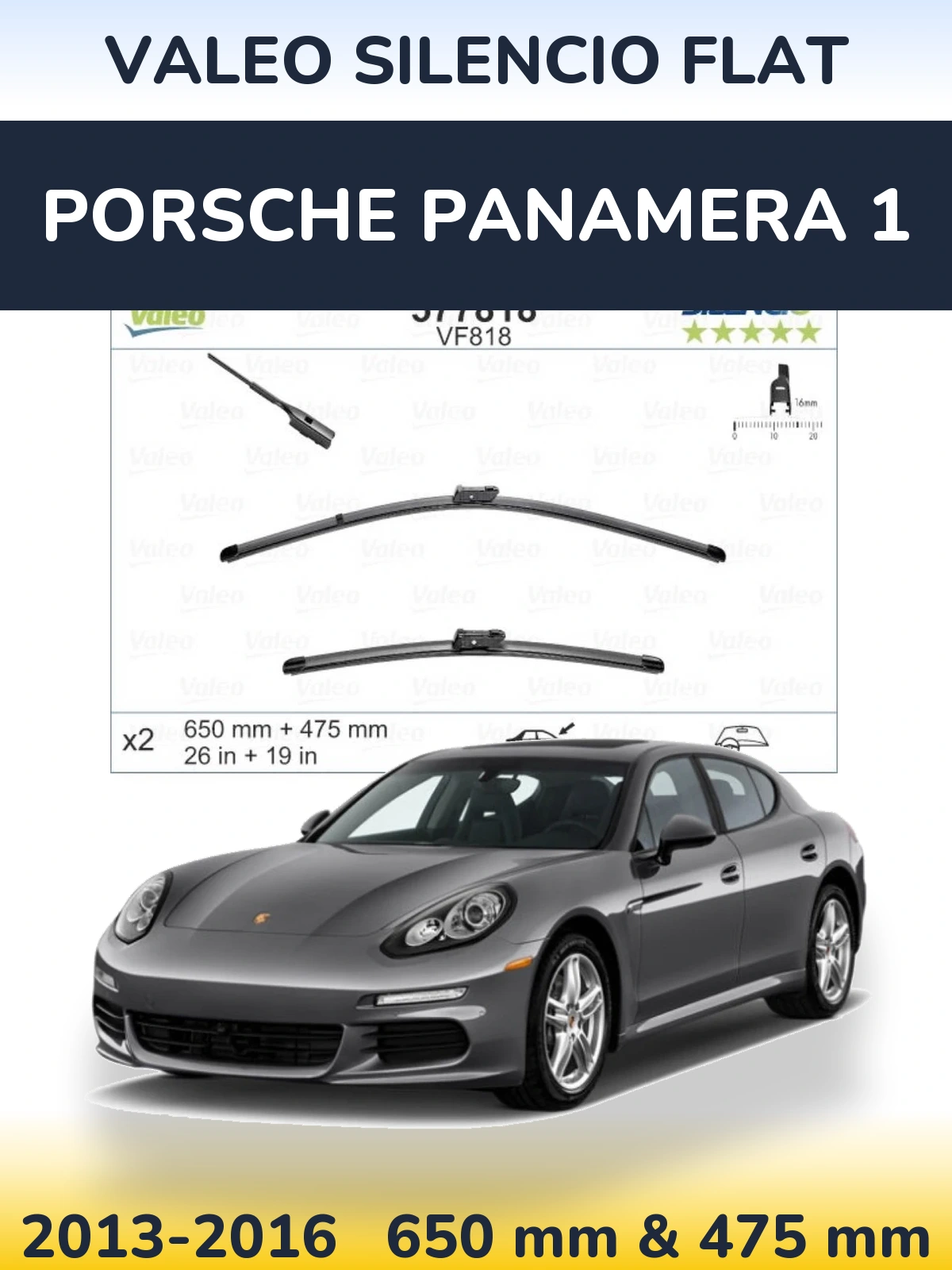 Front wiper blade set Valeo Silencio Flat 650 & 475 mm for Porsche Panamera 1 2013-2016