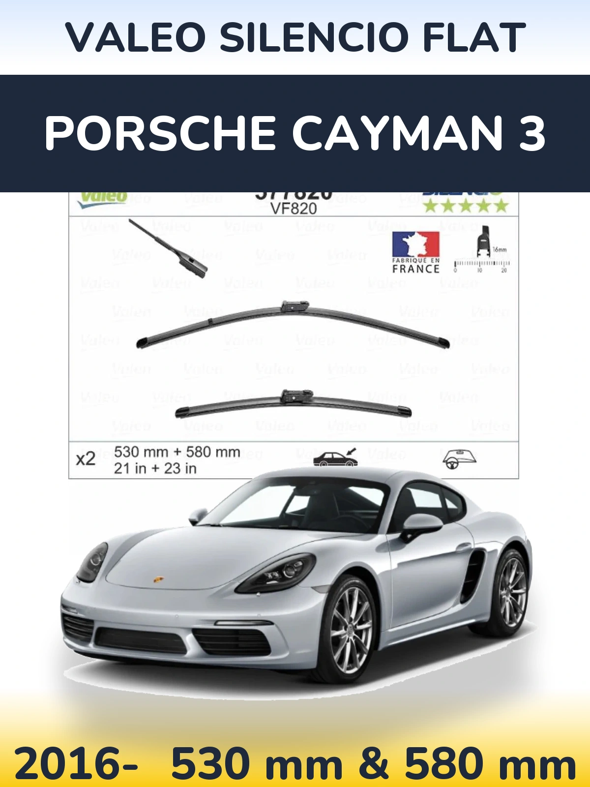 Комплект передних дворников Valeo Silencio Flat 530 & 580 мм для Porsche Cayman 3 2016-2026
