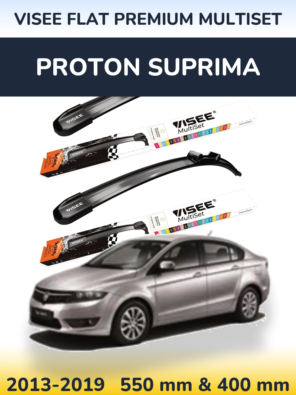 Komplet przednich wycieraczek VISEE FLAT PREMIUM MultiSet 550 & 400 mm do Proton Suprima 2013-2019