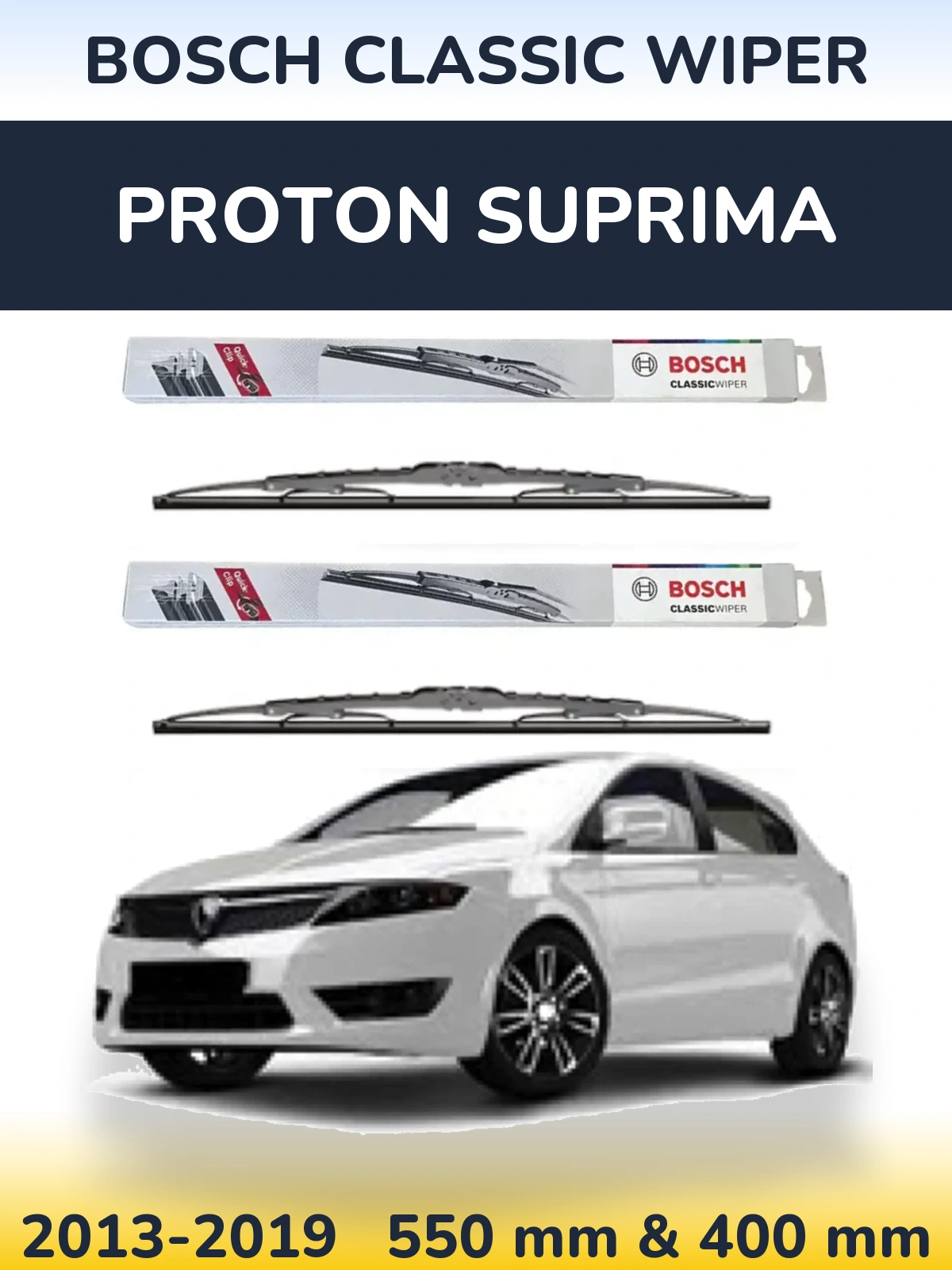 Front wiper blade set BOSCH Classic Wiper 550 & 400 mm for Proton Suprima 2013-2019