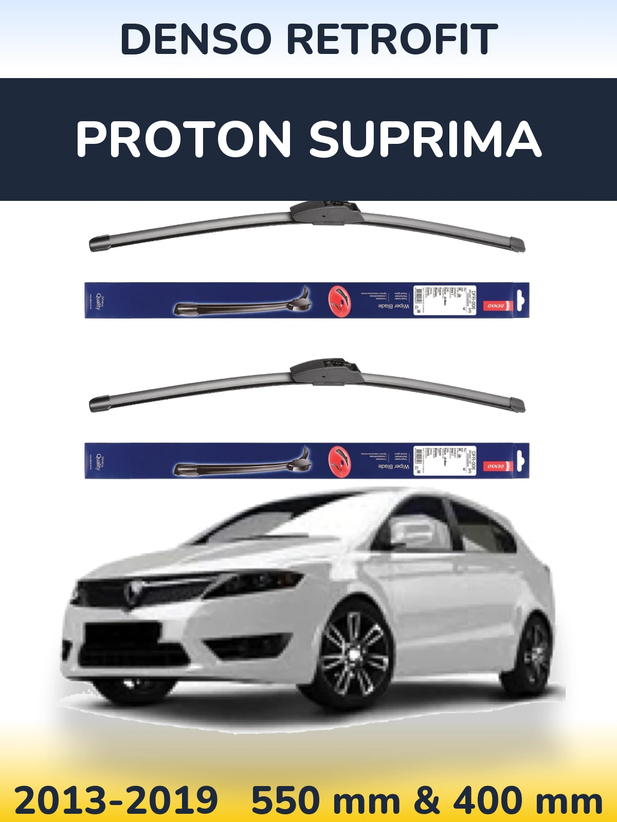 Front wiper blade set Denso Retrofit 550 & 400 mm for Proton Suprima 2013-2019