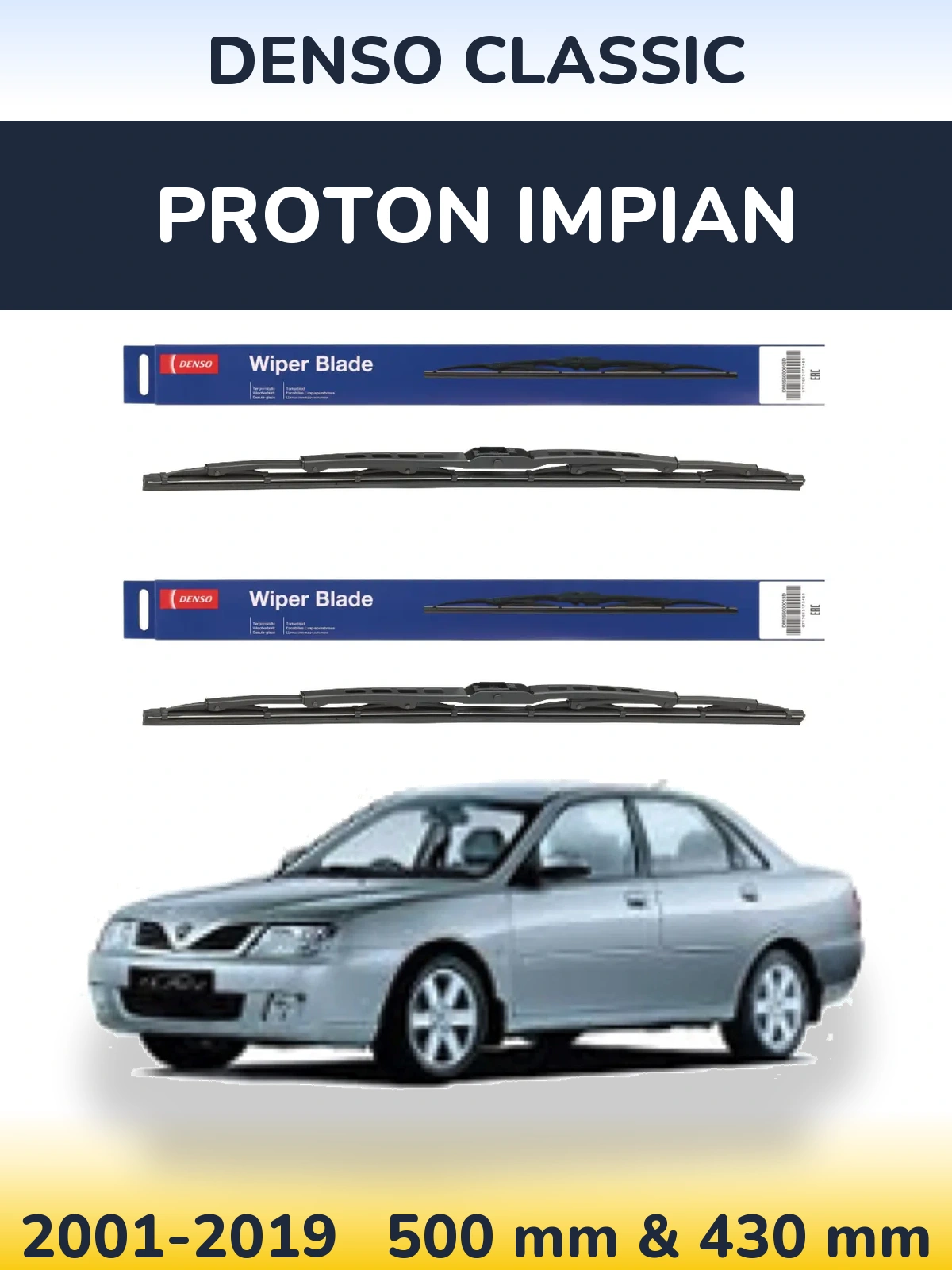 Front wiper blade set Denso Classic 500 & 430 mm for Proton Impian 2001-2019
