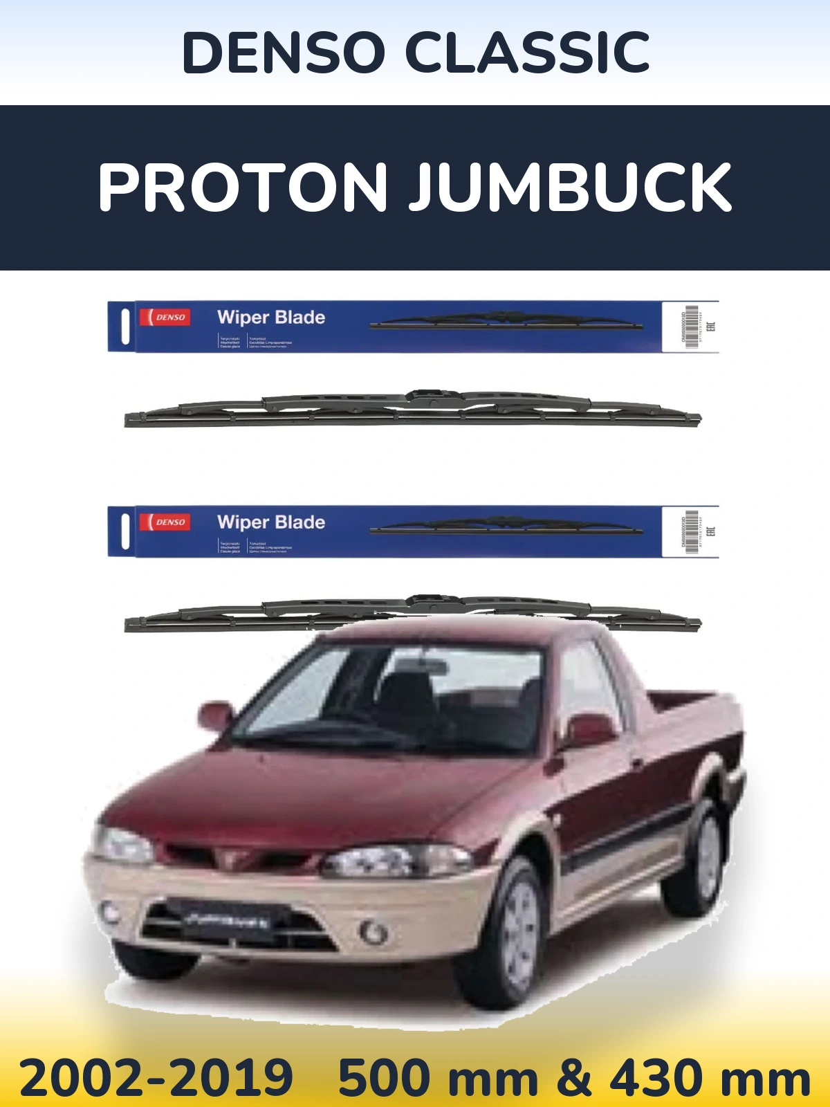 Front wiper blade set Denso Classic 500 & 430 mm for Proton Jumbuck 2002-2019