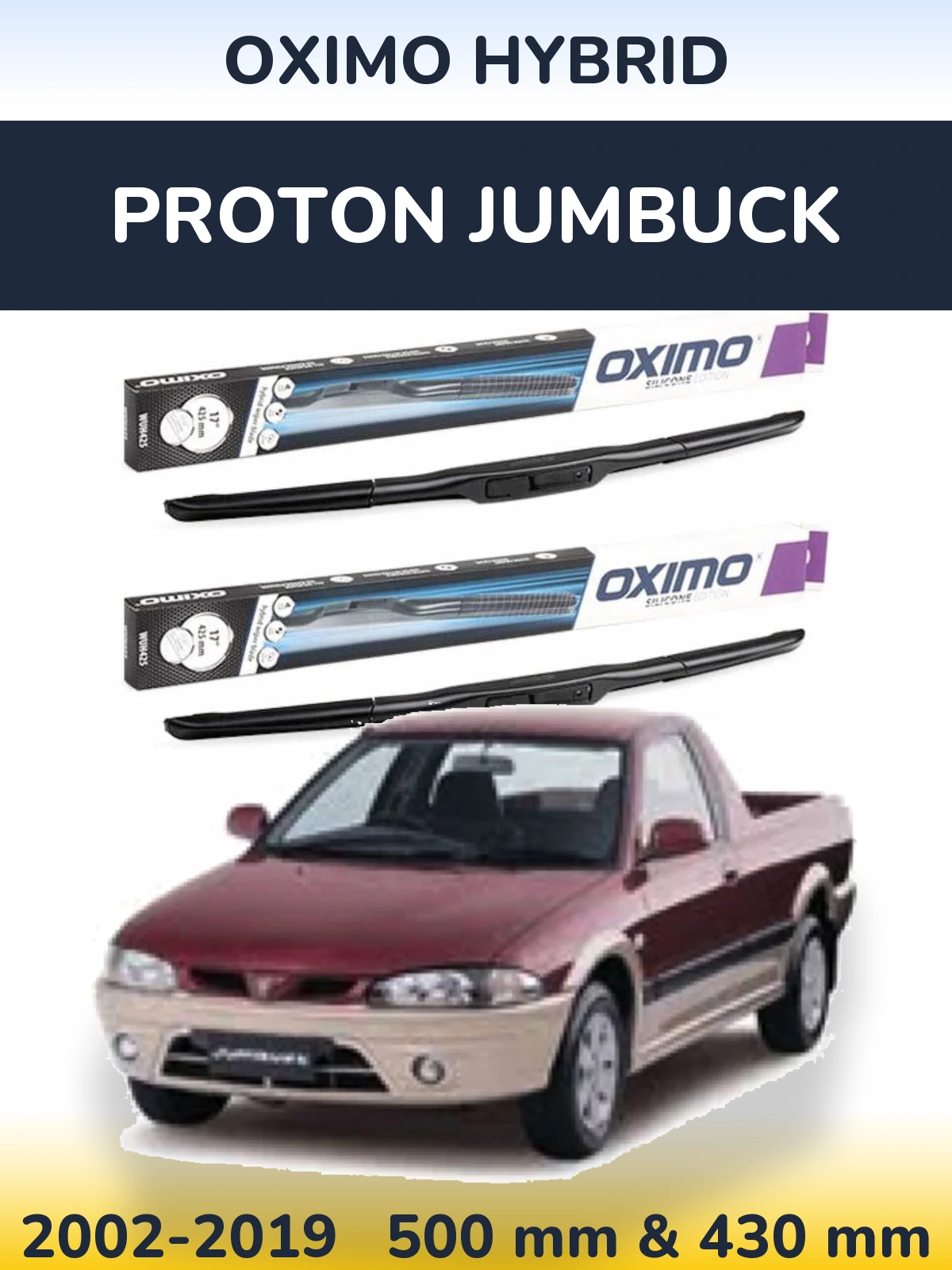 Front wiper blade set Oximo Hybrid 500 & 430 mm for Proton Jumbuck 2002-2019
