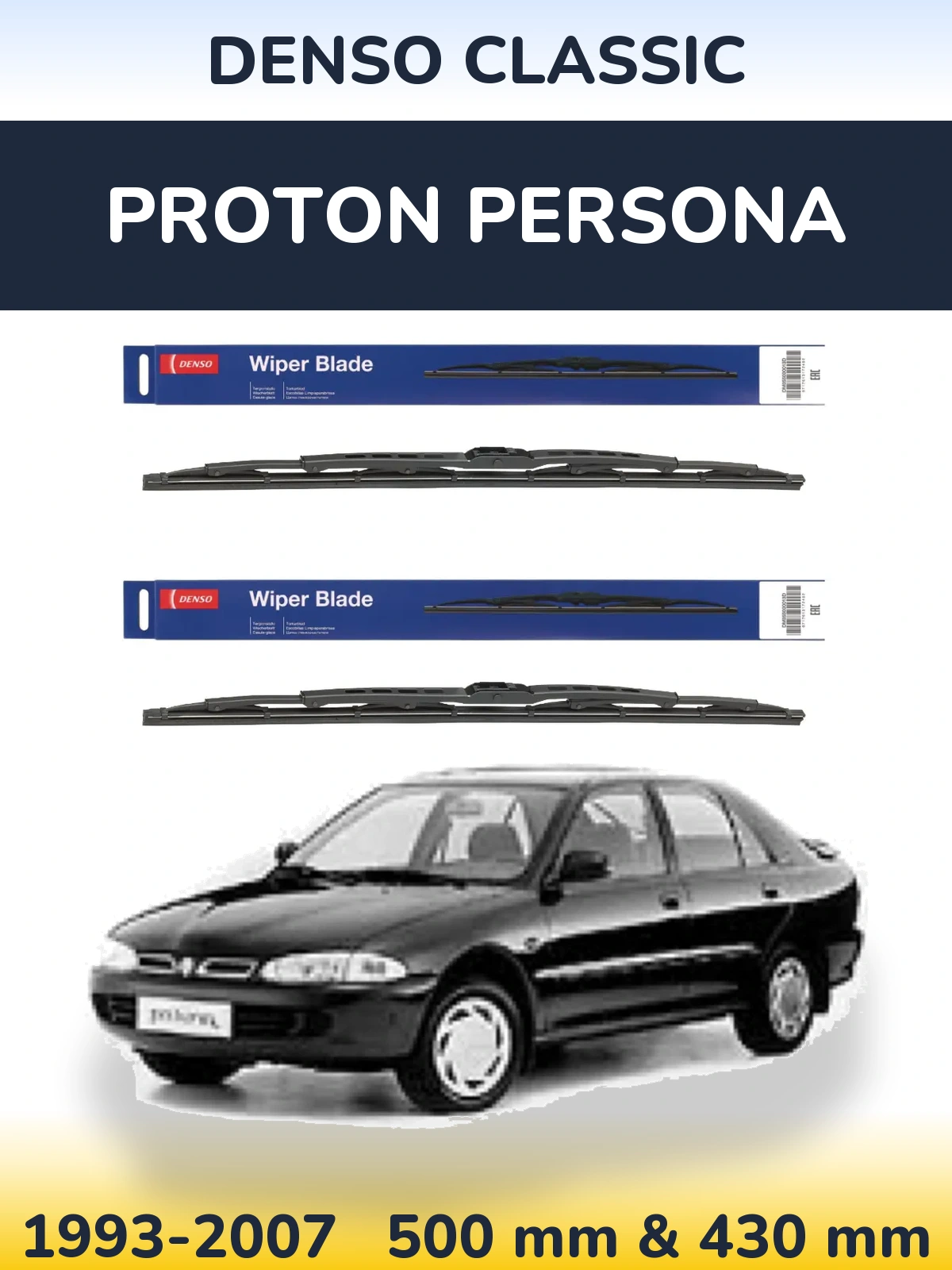 Front wiper blade set Denso Classic 500 & 430 mm for Proton Persona 1993-2007