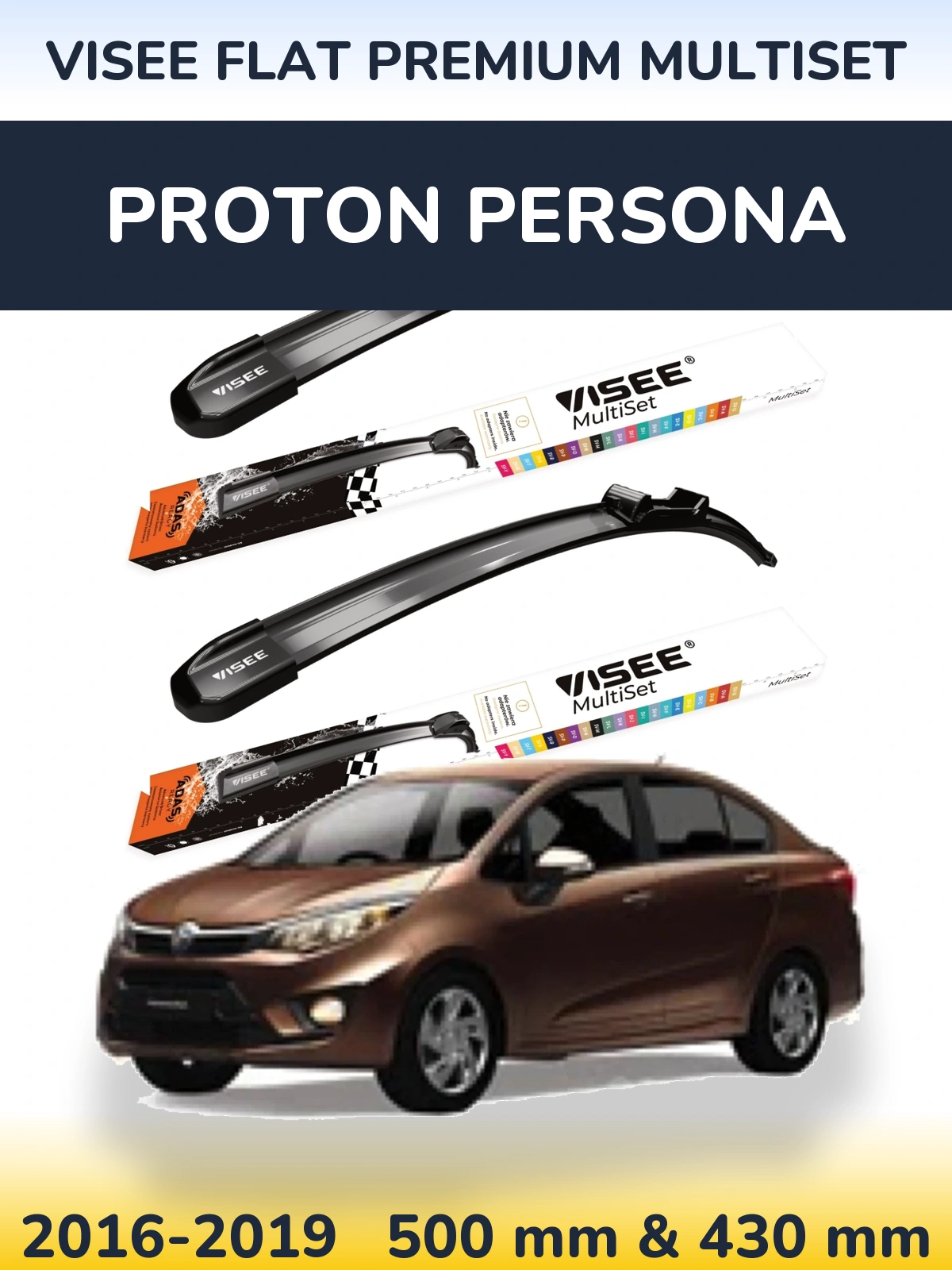 Komplet przednich wycieraczek VISEE FLAT PREMIUM MultiSet 500 & 430 mm do Proton Persona 2016-2019