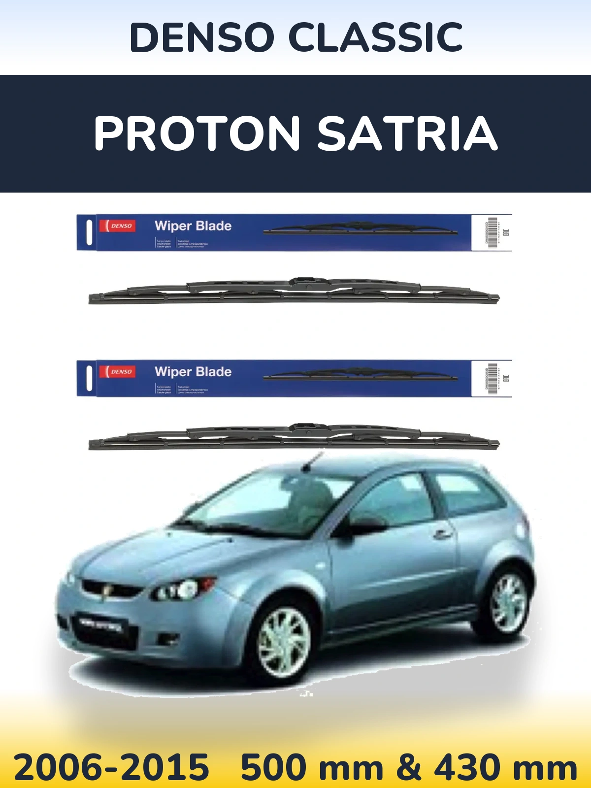 Front wiper blade set Denso Classic 500 & 430 mm for Proton Satria 2006-2015