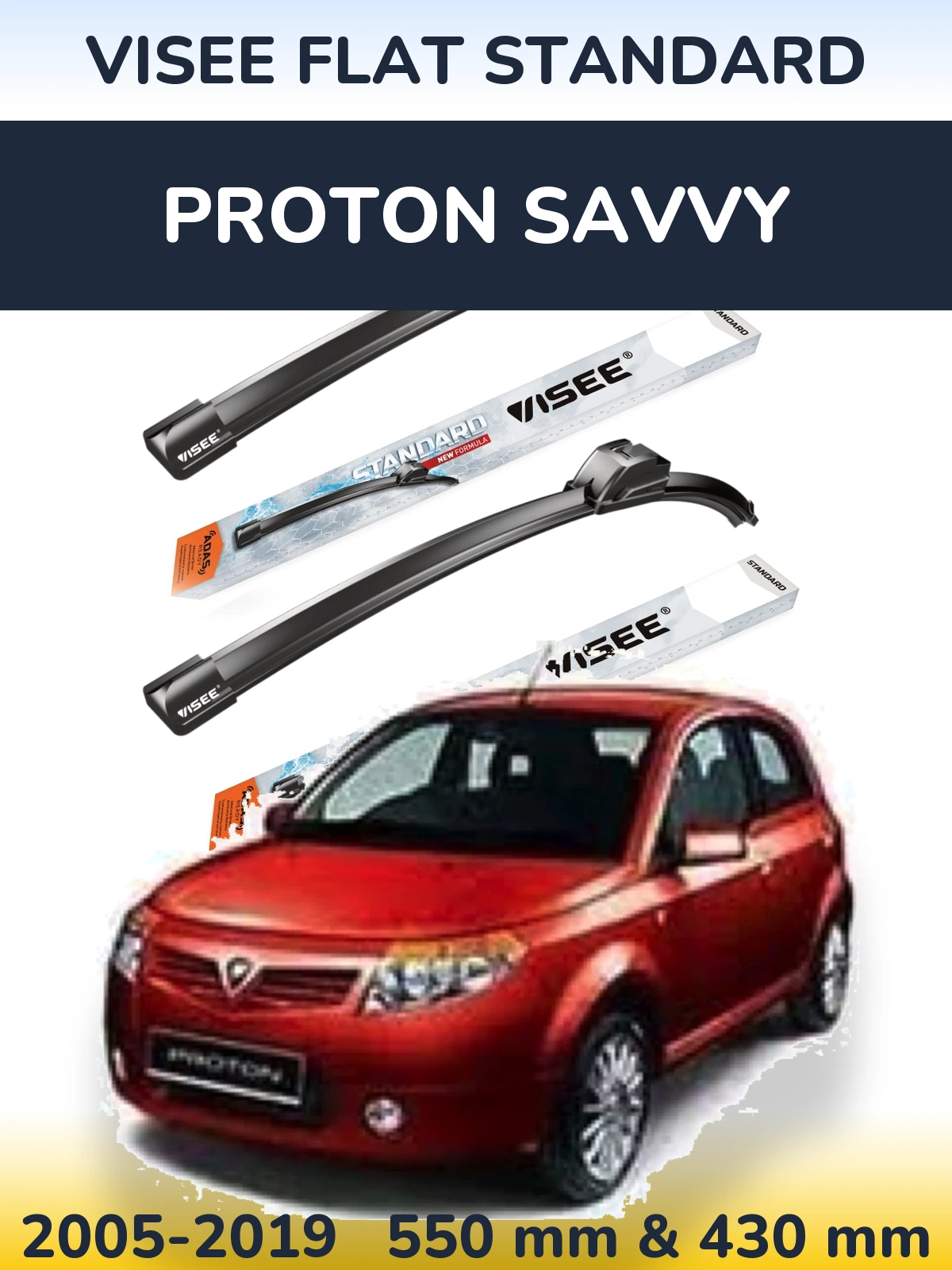 Komplet przednich wycieraczek VISEE FLAT STANDARD 550 & 430 mm do Proton Savvy 2005-2019