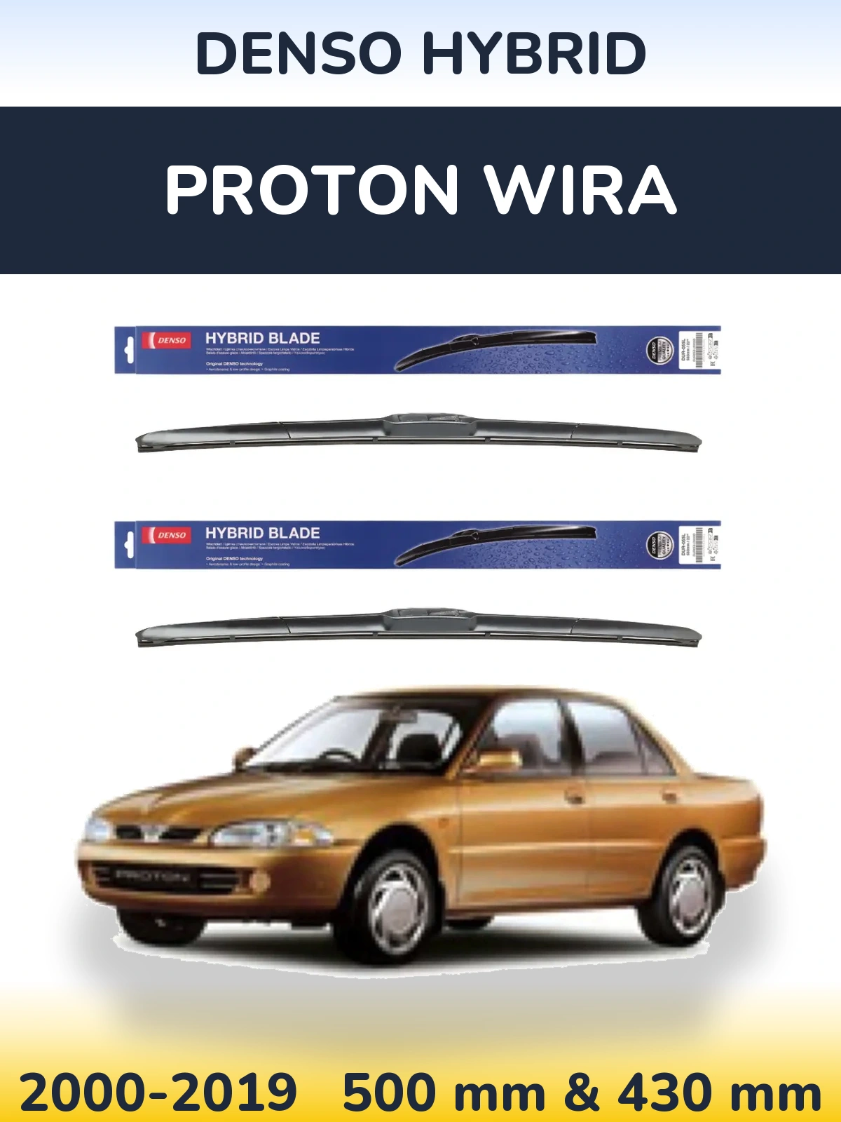 Комплект передних дворников Denso Hybrid 500 & 430 мм для Proton Wira 2000-2019