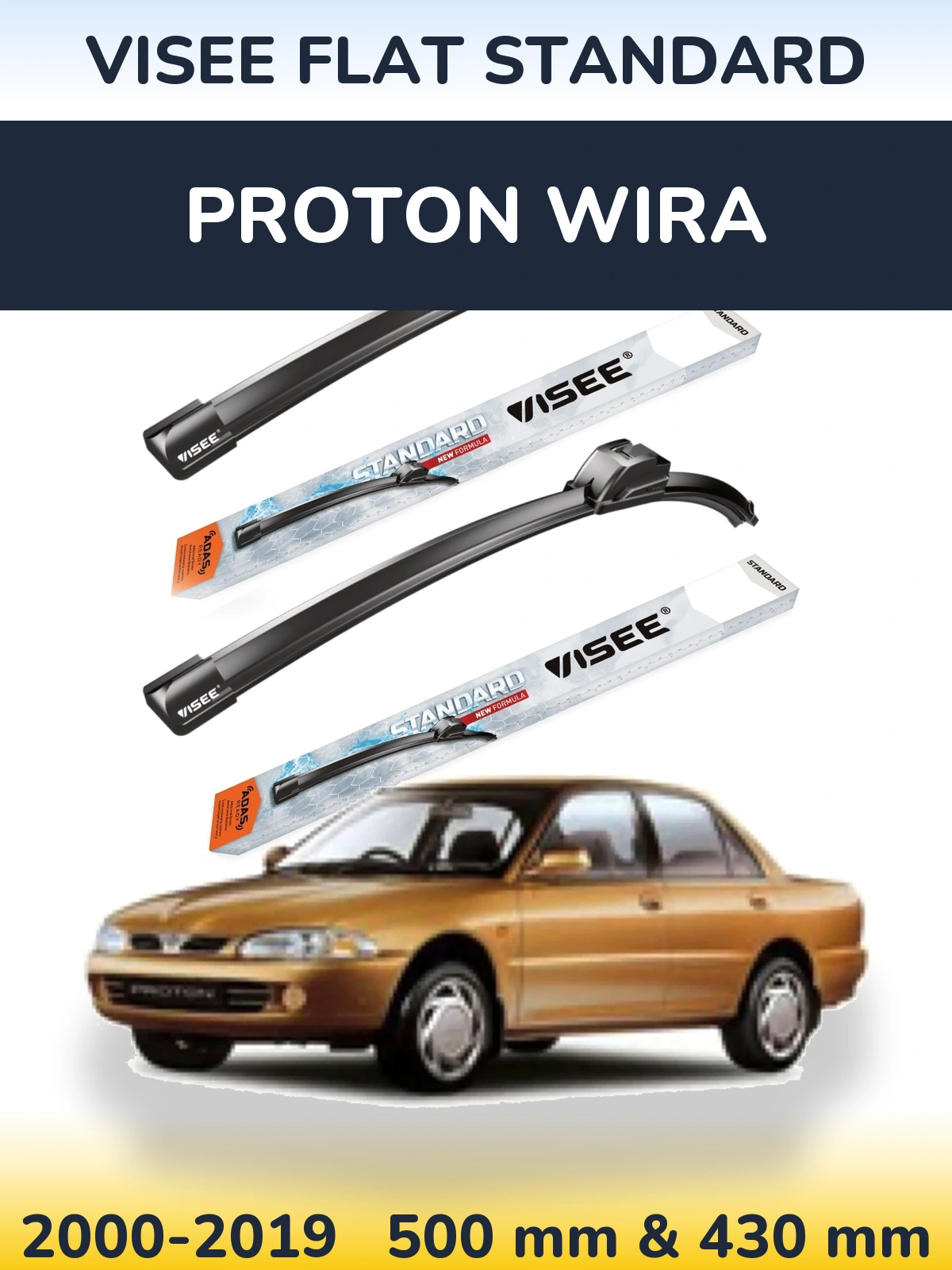Komplet przednich wycieraczek VISEE FLAT STANDARD 500 & 430 mm do Proton Wira 2000-2019