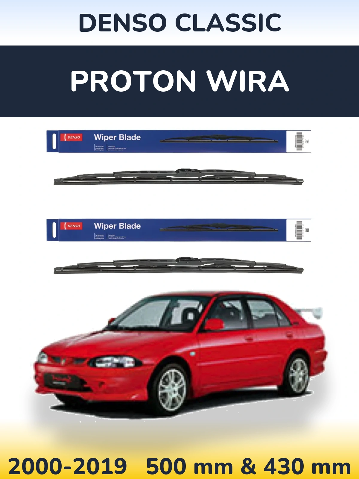 Front wiper blade set Denso Classic 500 & 430 mm for Proton Wira 2000-2019