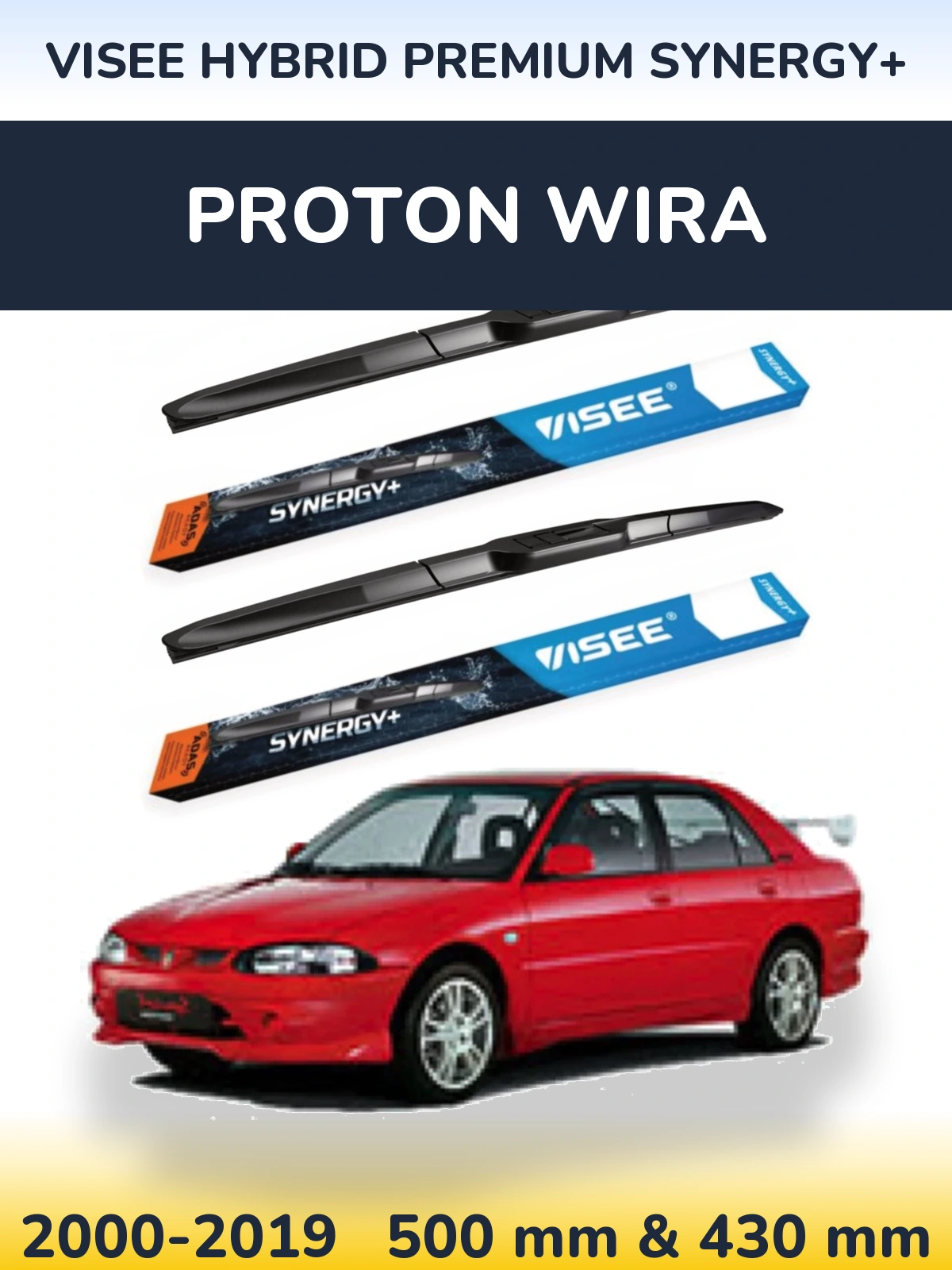 Front wiper blade set VISEE HYBRID PREMIUM SYNERGY+ 500 & 430 mm for Proton Wira 2000-2019