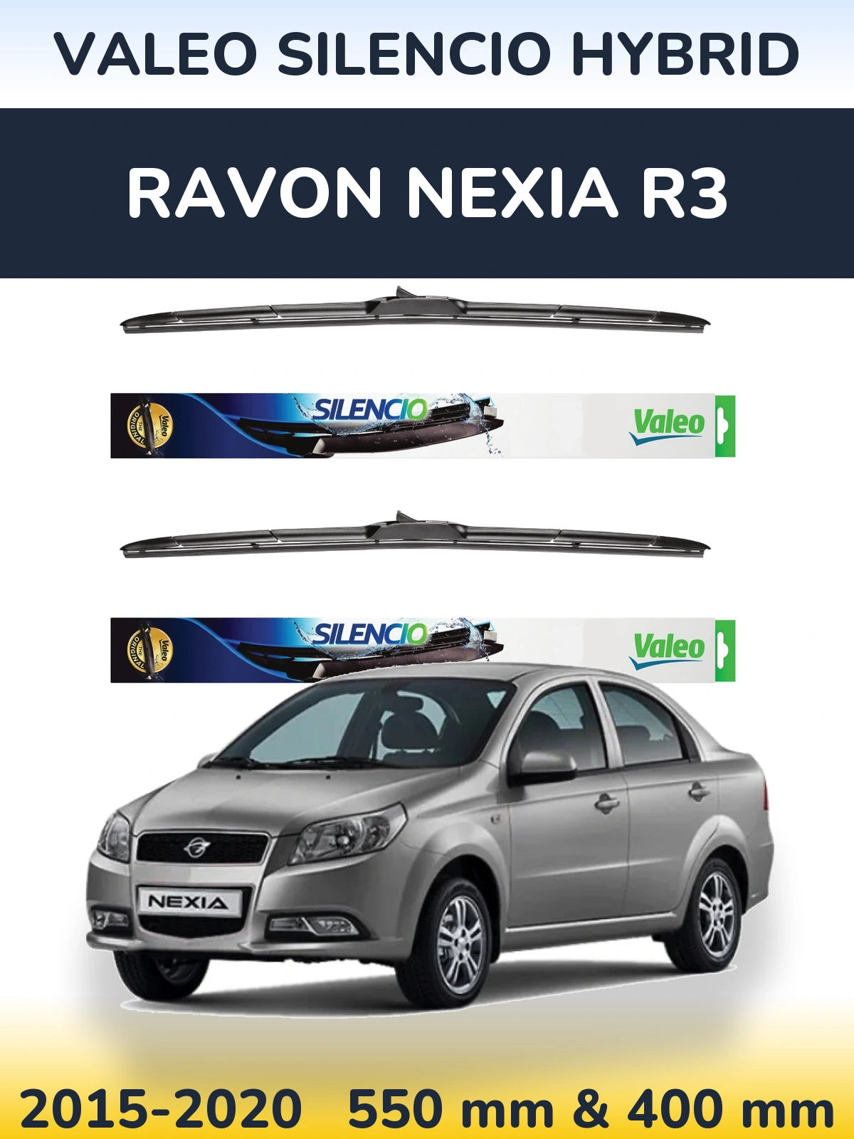 Front wiper blade set Valeo Silencio Hybrid 550 & 400 mm for Ravon Nexia R3 2015-2020