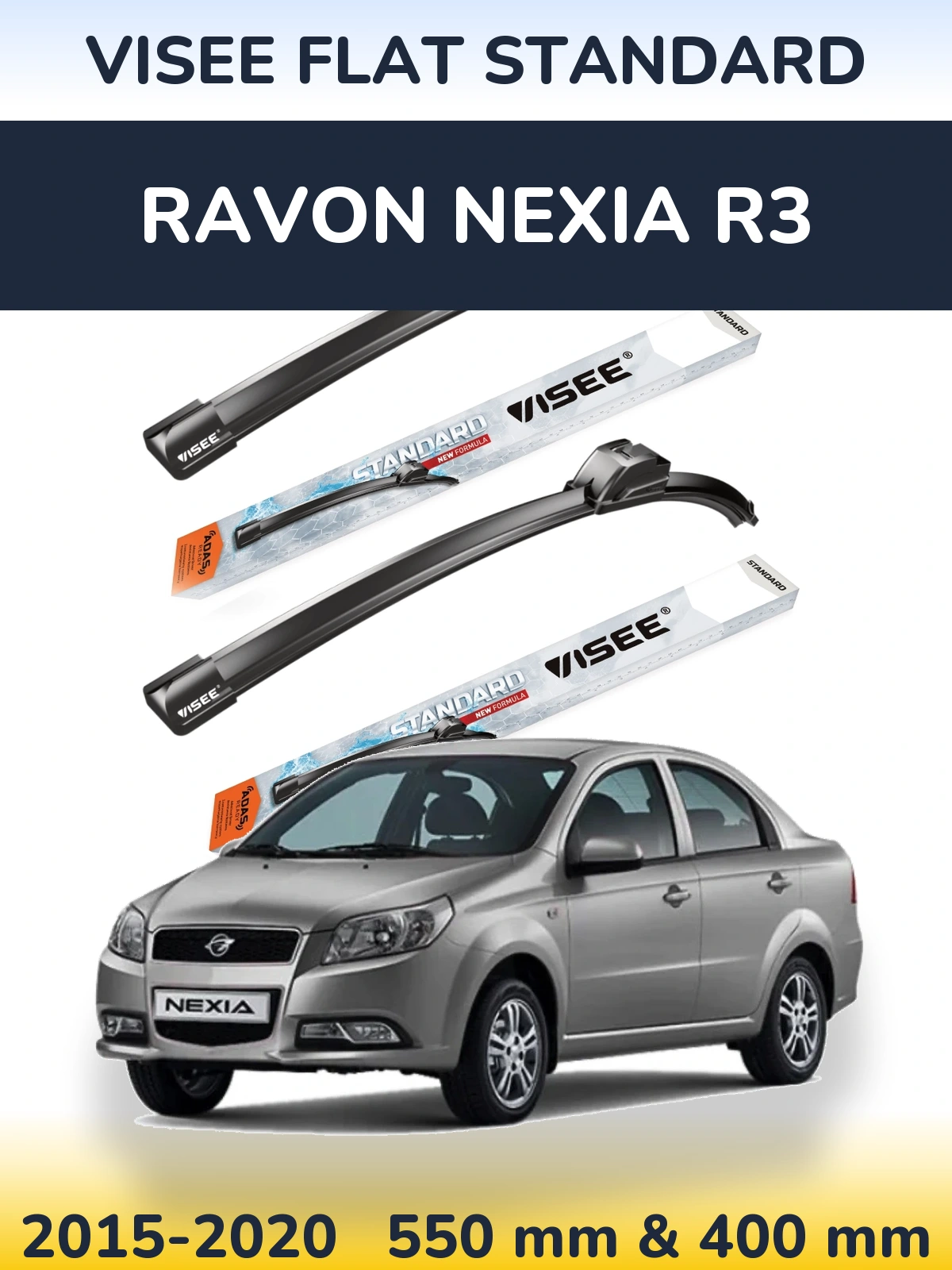 Komplet przednich wycieraczek VISEE FLAT STANDARD 550 & 400 mm do Ravon Nexia R3 2015-2020