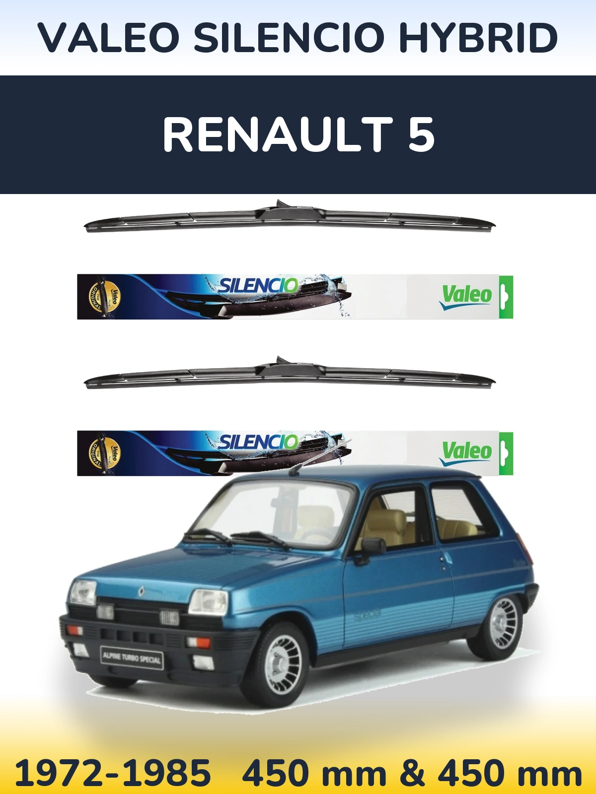 Front wiper blade set Valeo Silencio Hybrid 450 & 450 mm for Renault 5 1972-1985