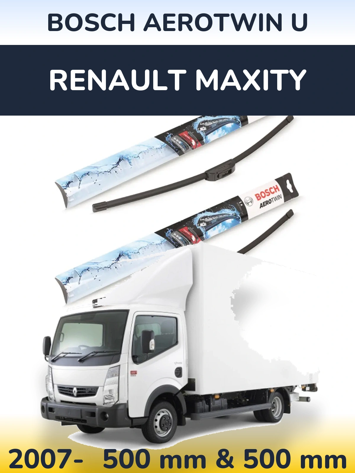 Комплект передних дворников BOSCH AeroTwin U 500 & 500 мм для Renault Maxity 2007-2026