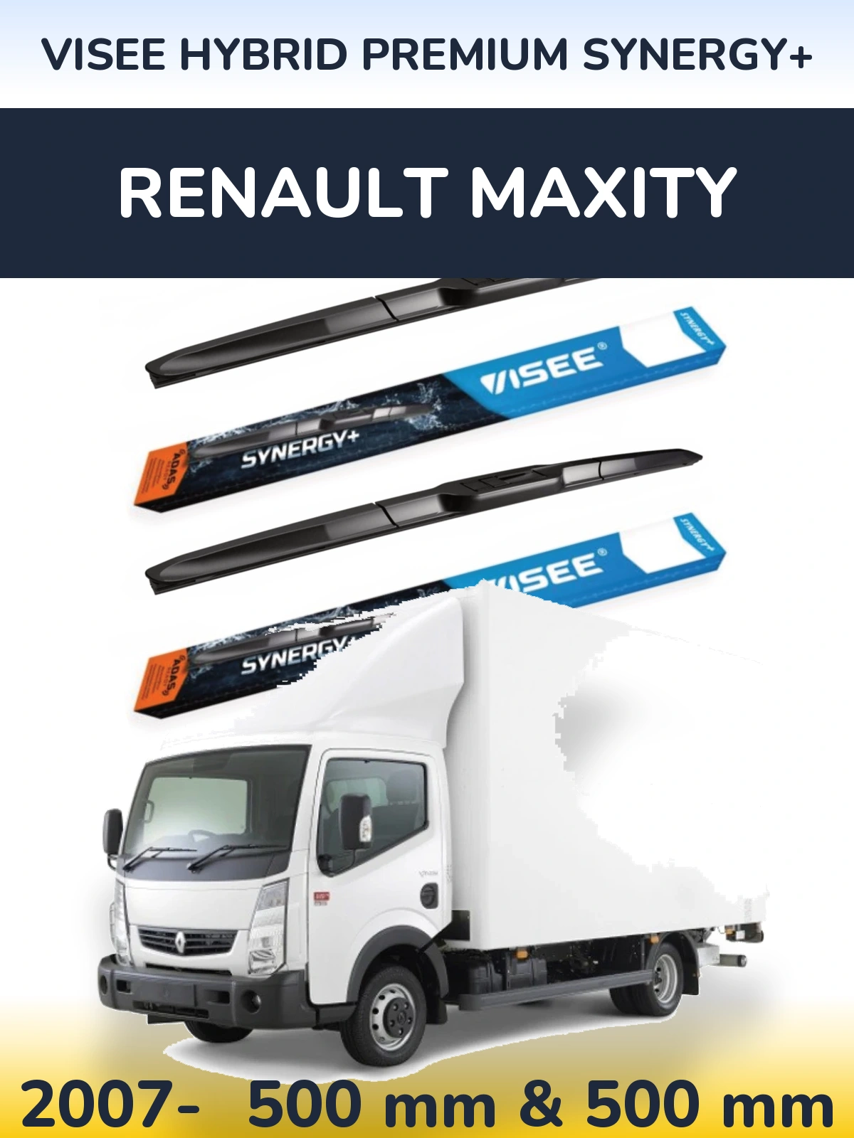 Front wiper blade set VISEE HYBRID PREMIUM SYNERGY+ 500 & 500 mm for Renault Maxity 2007-2026