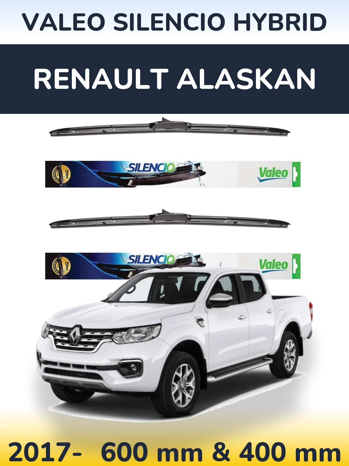 Front wiper blade set Valeo Silencio Hybrid 600 & 400 mm for Renault Alaskan 2017-2026
