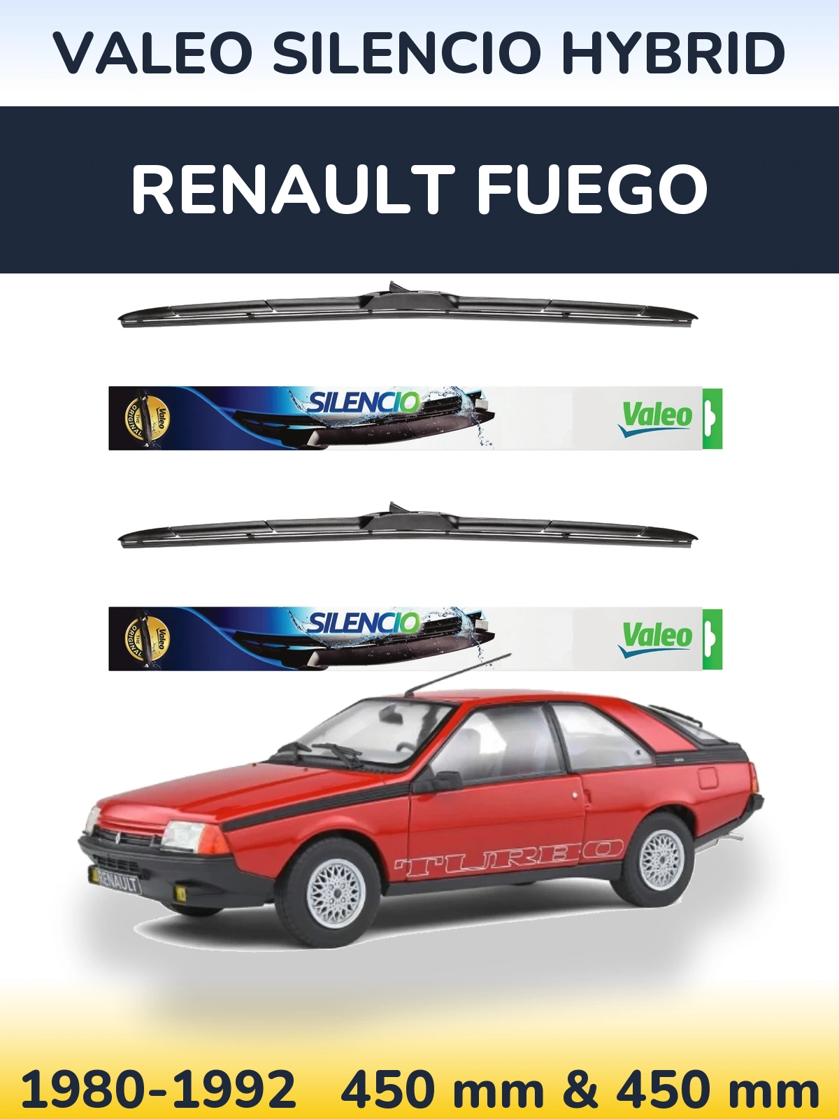 Front wiper blade set Valeo Silencio Hybrid 450 & 450 mm for Renault Fuego 1980-1992
