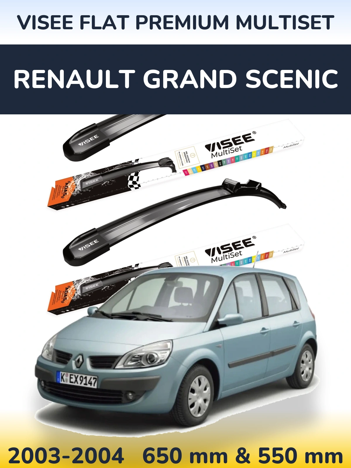 Komplet przednich wycieraczek VISEE FLAT PREMIUM MultiSet 650 & 550 mm do Renault Grand Scenic 2003-2004