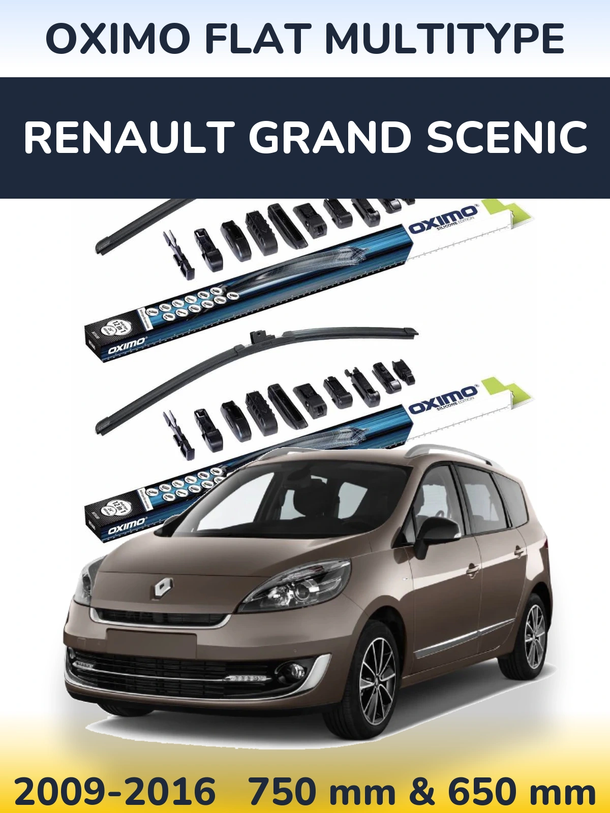 Front wiper blade set Oximo Flat MultiTypee 750 & 650 mm for Renault Grand Scenic 2009-2016